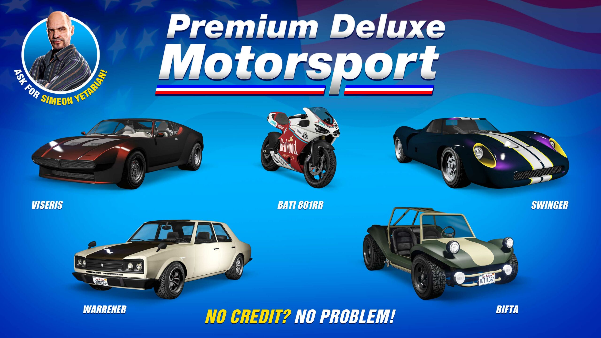 Pôster da Premium Deluxe Motorsport com cinco veículos: Ocelot Swinger, Lampadati Viseris, Vulcar Warrener, BF Bifta, Pegassi Bati 801RR.