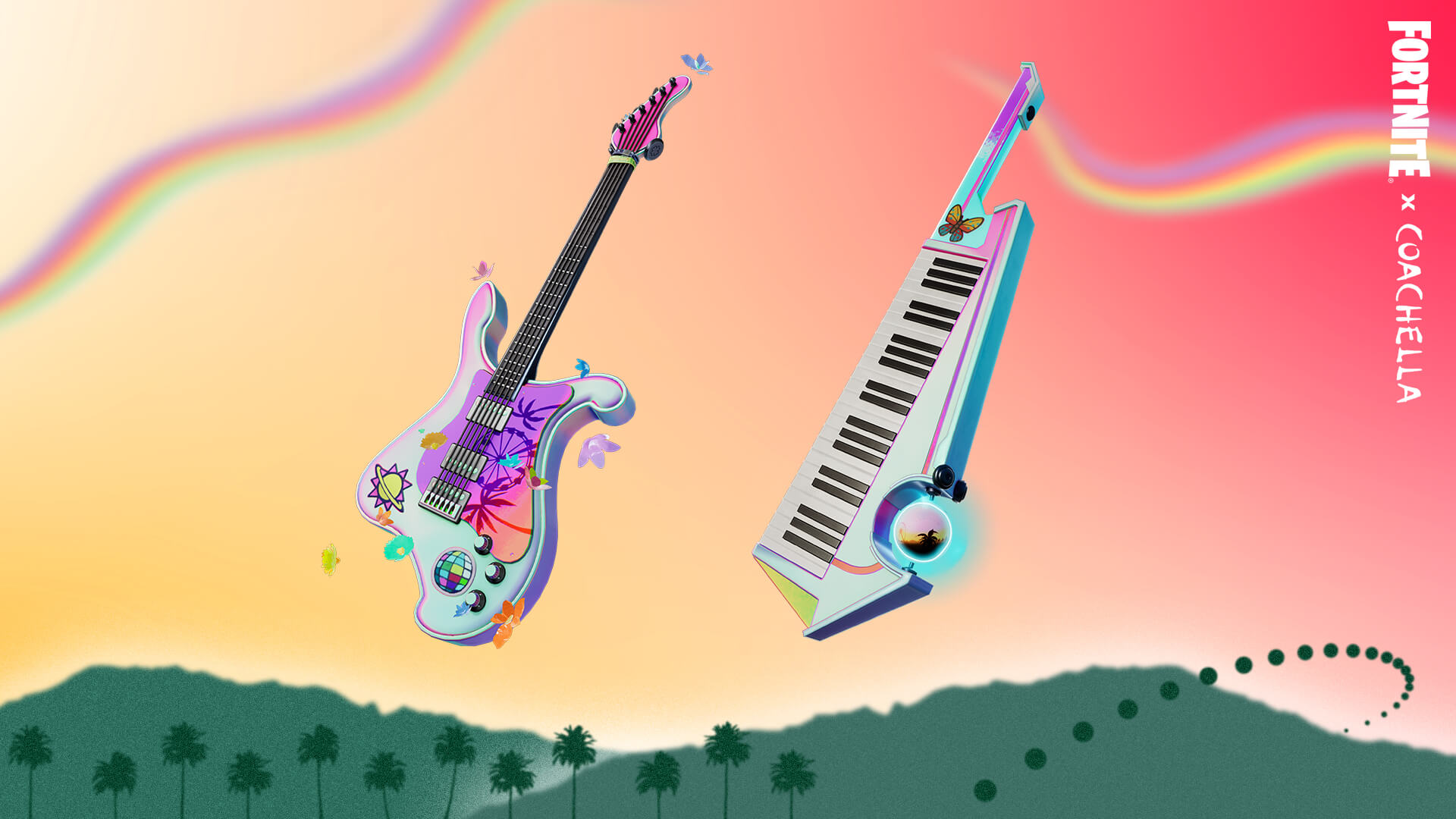 Guitarra Brilho da Miragem e Keytar Teclado do Festival do Fortnite