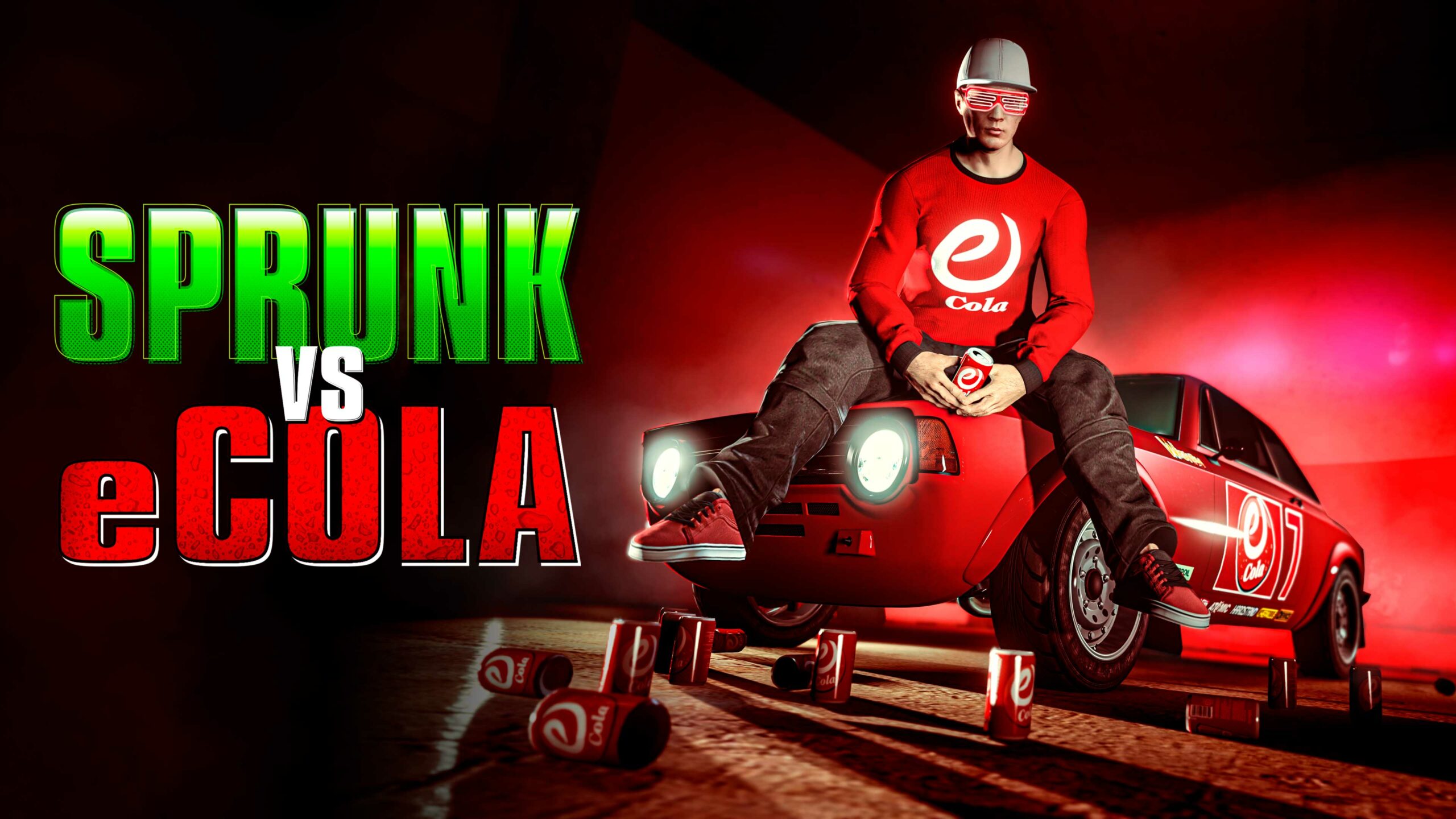 Pôster de Sprunk X eCola com personagem no GTA Online e carro com estampa eCola