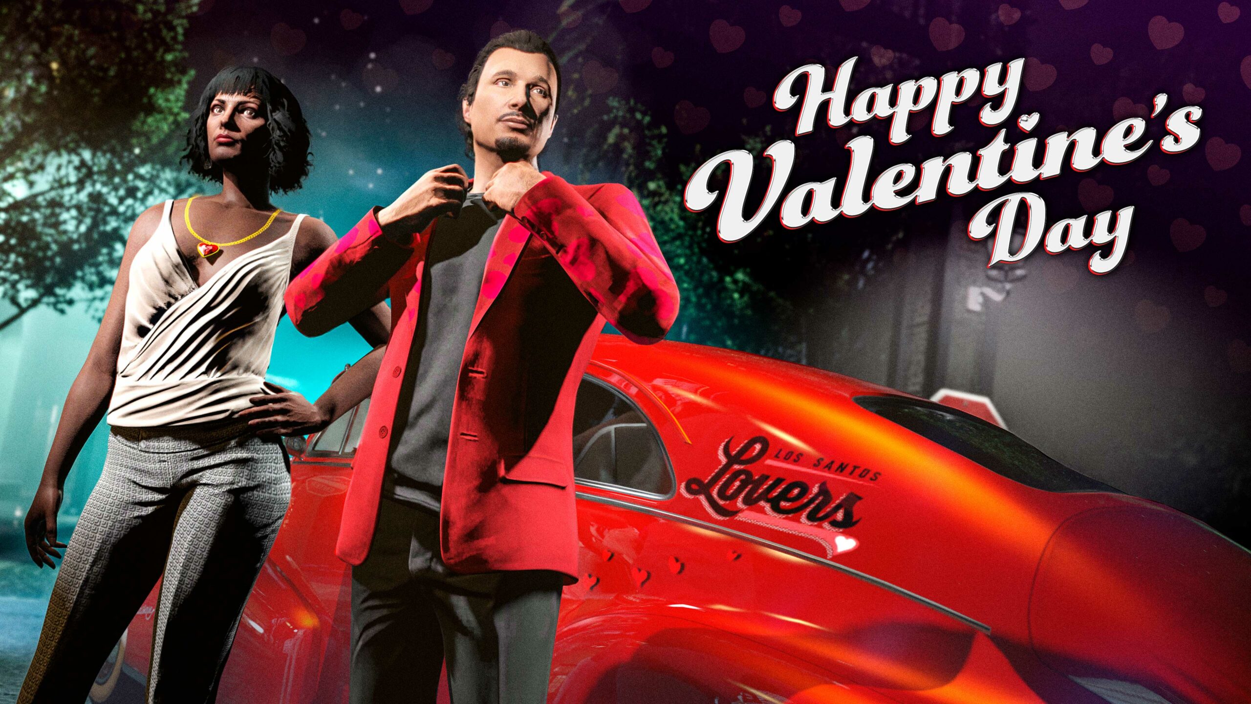 Imagem de personagens no GTA Online em trajes do Dia de São Valentim com mensagem de feliz Dia de São Valentim