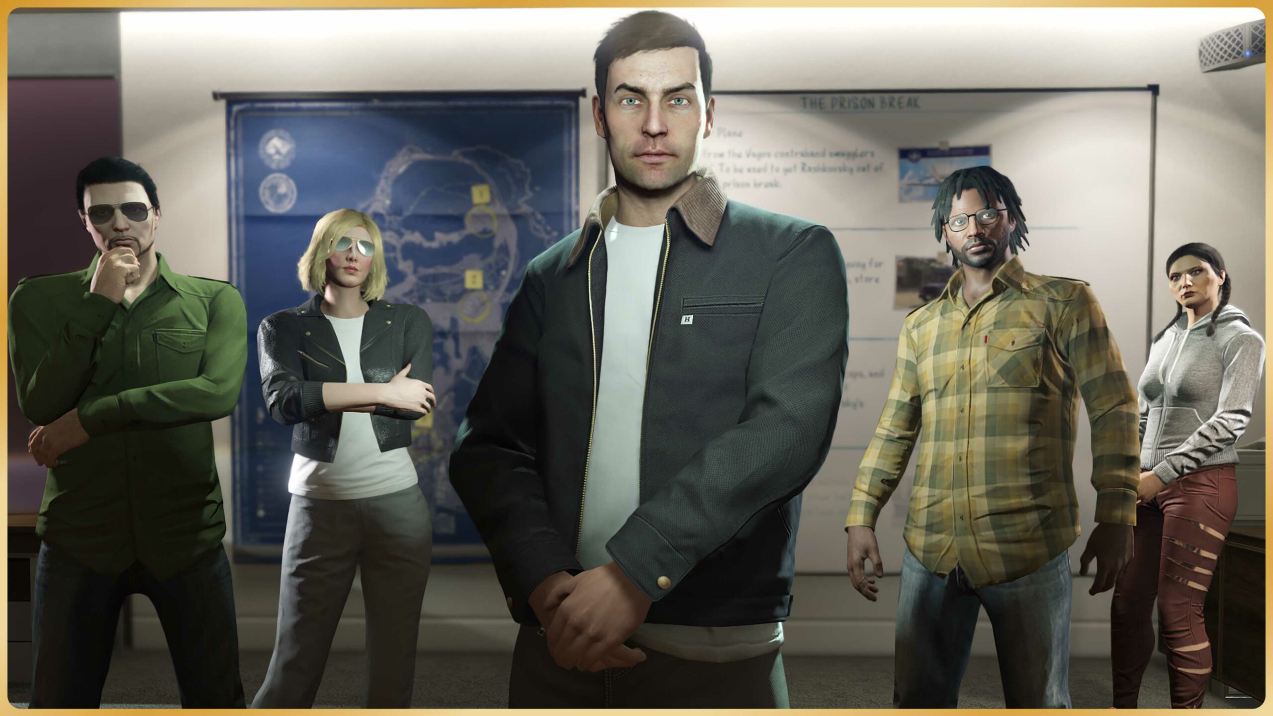 Imagem de personagens no GTA Online dentro da Sala de Planejamento de Golpe