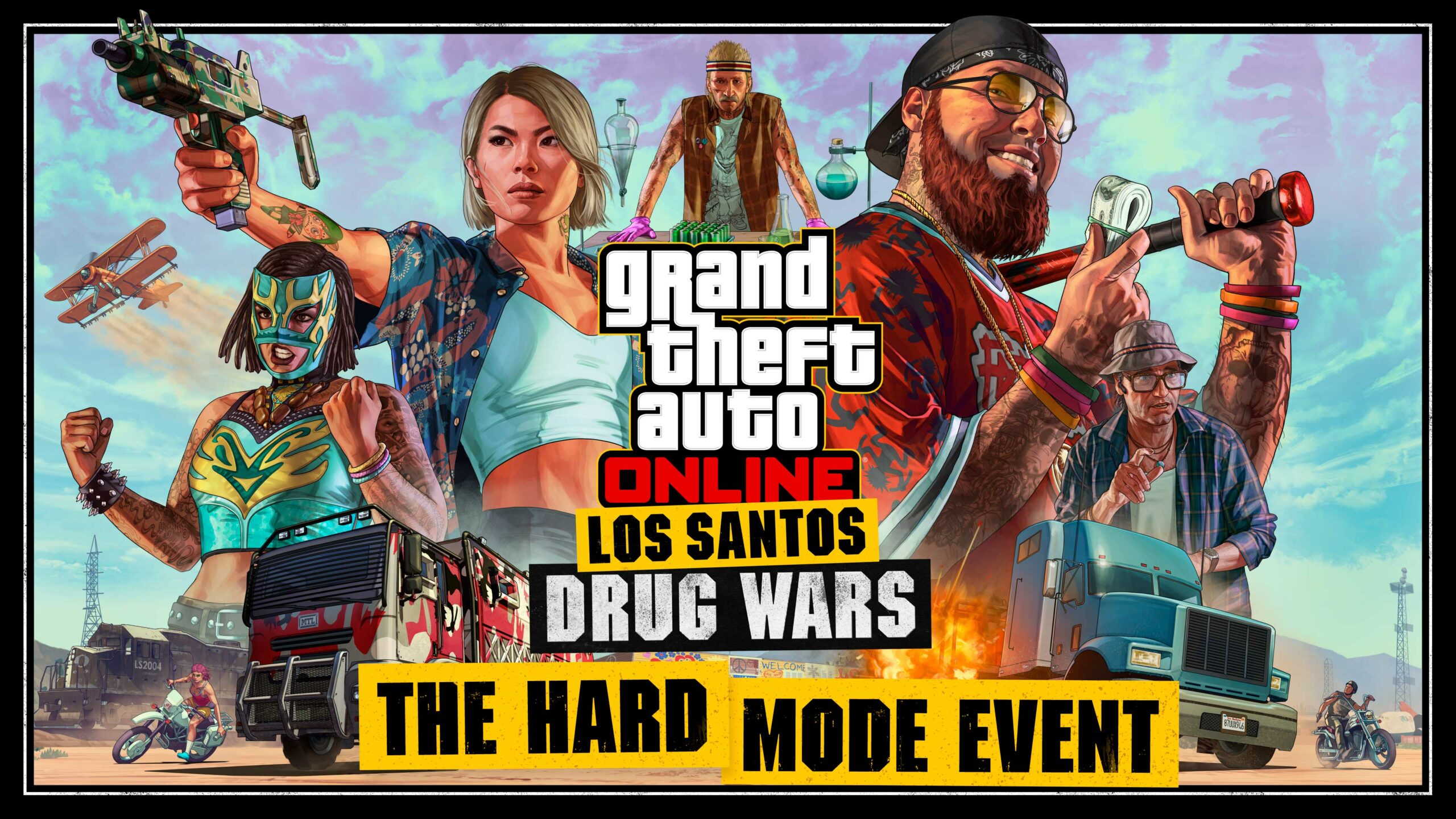 Arte e logotipo de GTA Online: Los Santos Drug Wars com título do Evento Modo Difícil