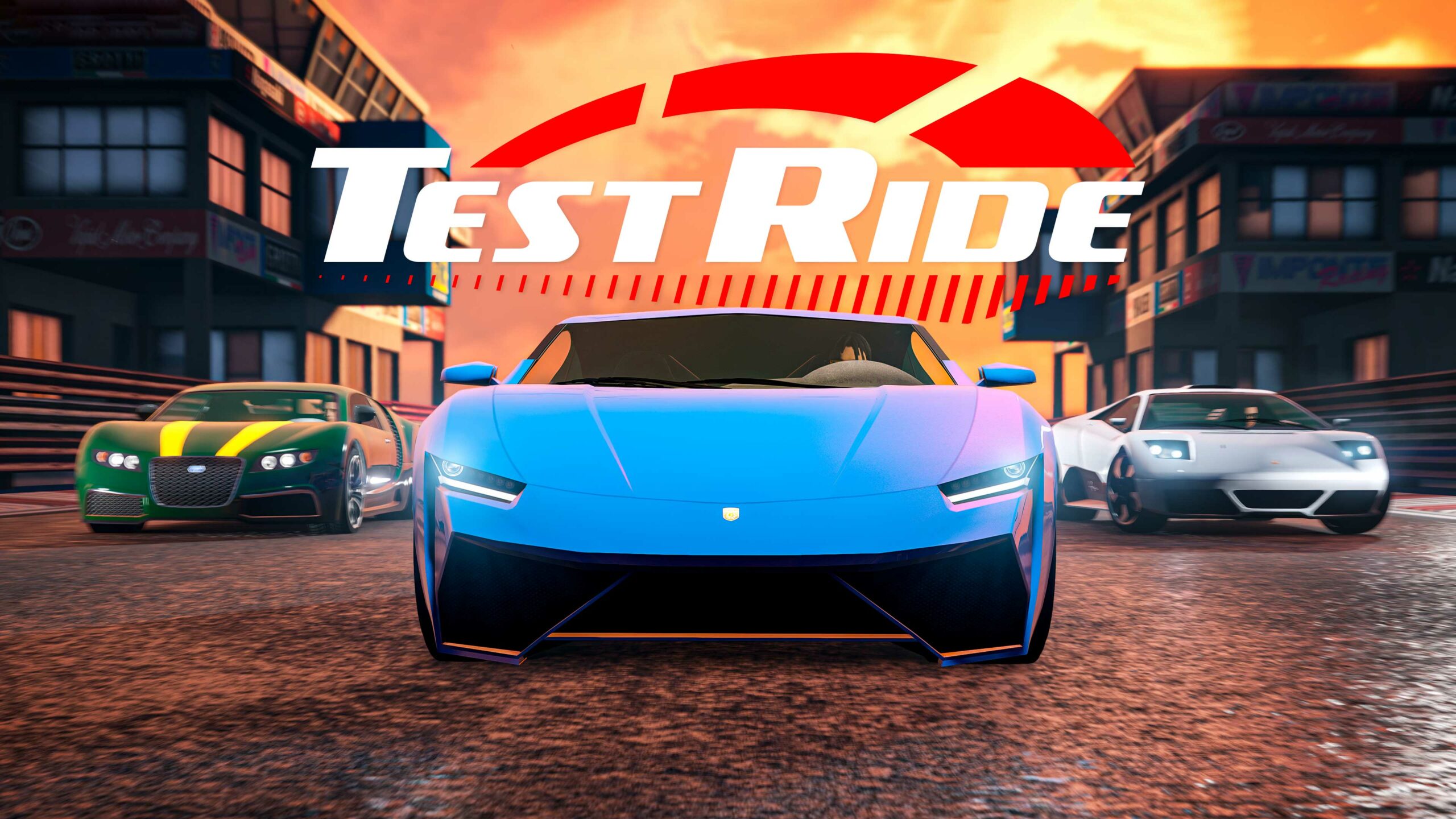 Imagem dos veículos Pegassi Infernus, Truffade Adder e Pegassi Reaper com logotipo de Veículo de Teste