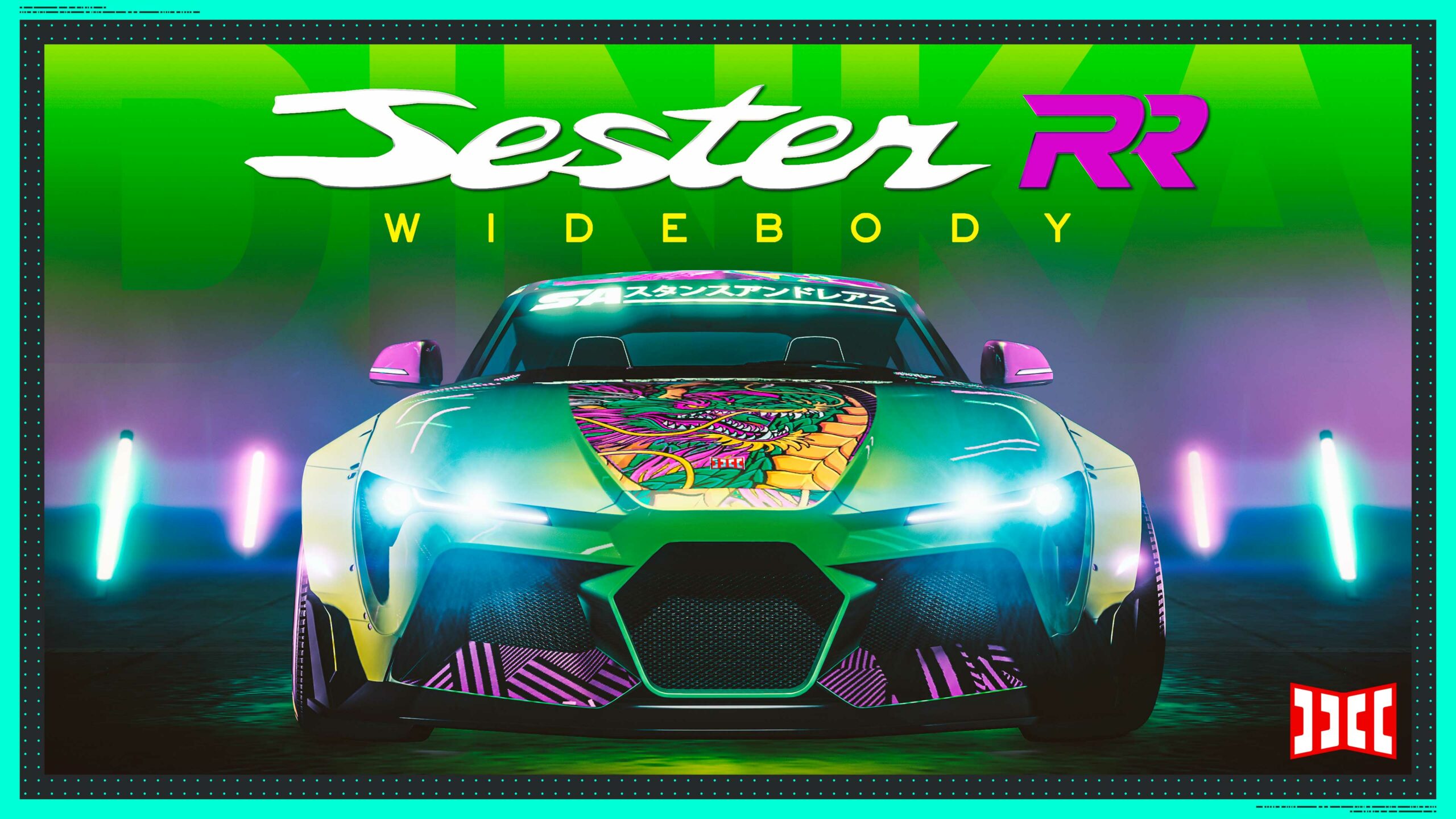 Um Dinka Jester RR Widebody verde e roxo com um decalque de dragão no capô.