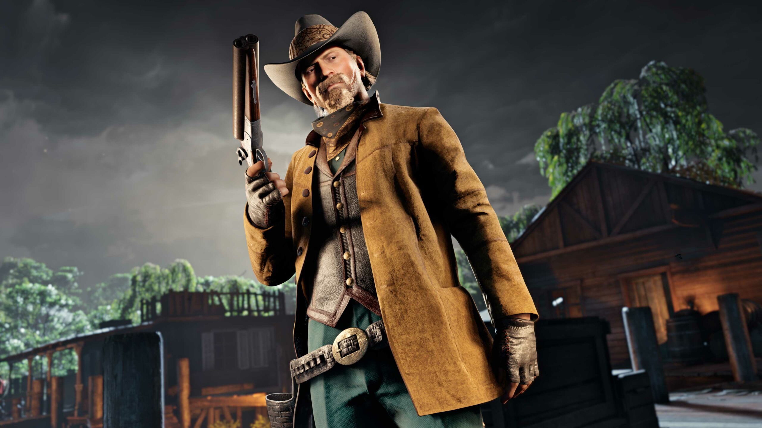 imagem de personagem no Red Dead Online com o traje da comunidade