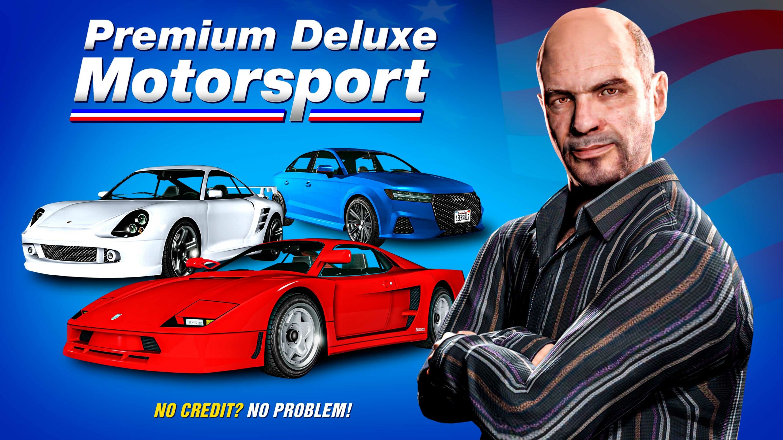 Pôster da Premium Deluxe Motorsport com o Simeon e três veículos