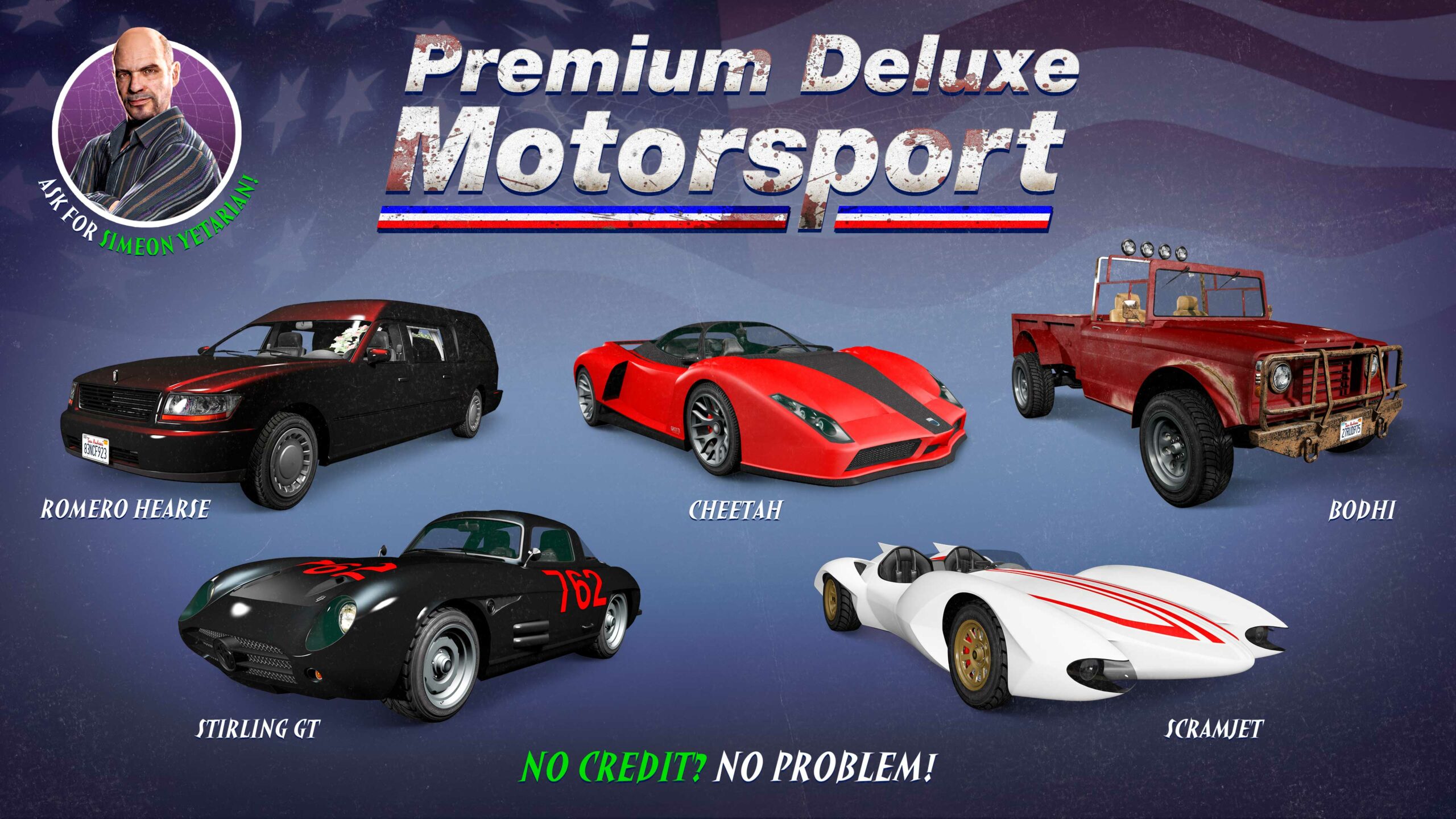 Pôster da concessionária Premium Deluxe Motorsport com cinco veículos: Declasse Scramjet, Benefactor Stirling GT, Grotti Cheetah, Chariot Romero Hearse e Canis Bodhi.