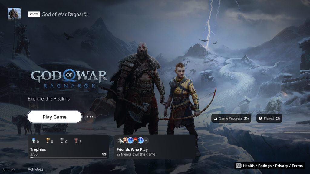 Captura de tela da interface do usuário do PlayStation 5 mostrando o novo bloco “Friends Who Play” no hub de jogos God of War Ragnarok