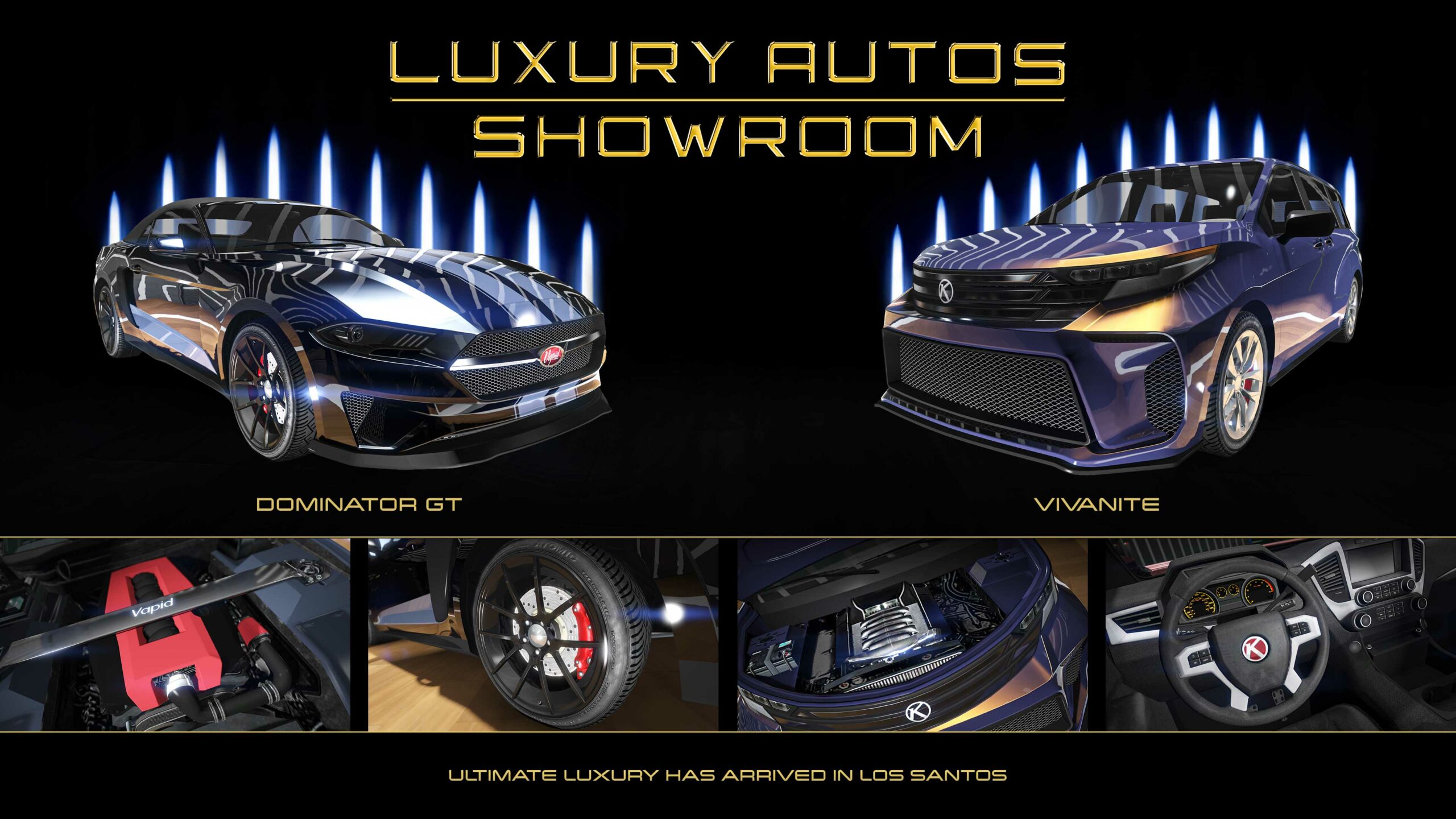 Pôster com dois carros da concessionária Luxury Autos. Esquerda: Vapid Dominator GT com pintura preta brilhosa e listras de corrida brancas. Direita: Karin Vivanite com pintura iridescente roxa e dourada.