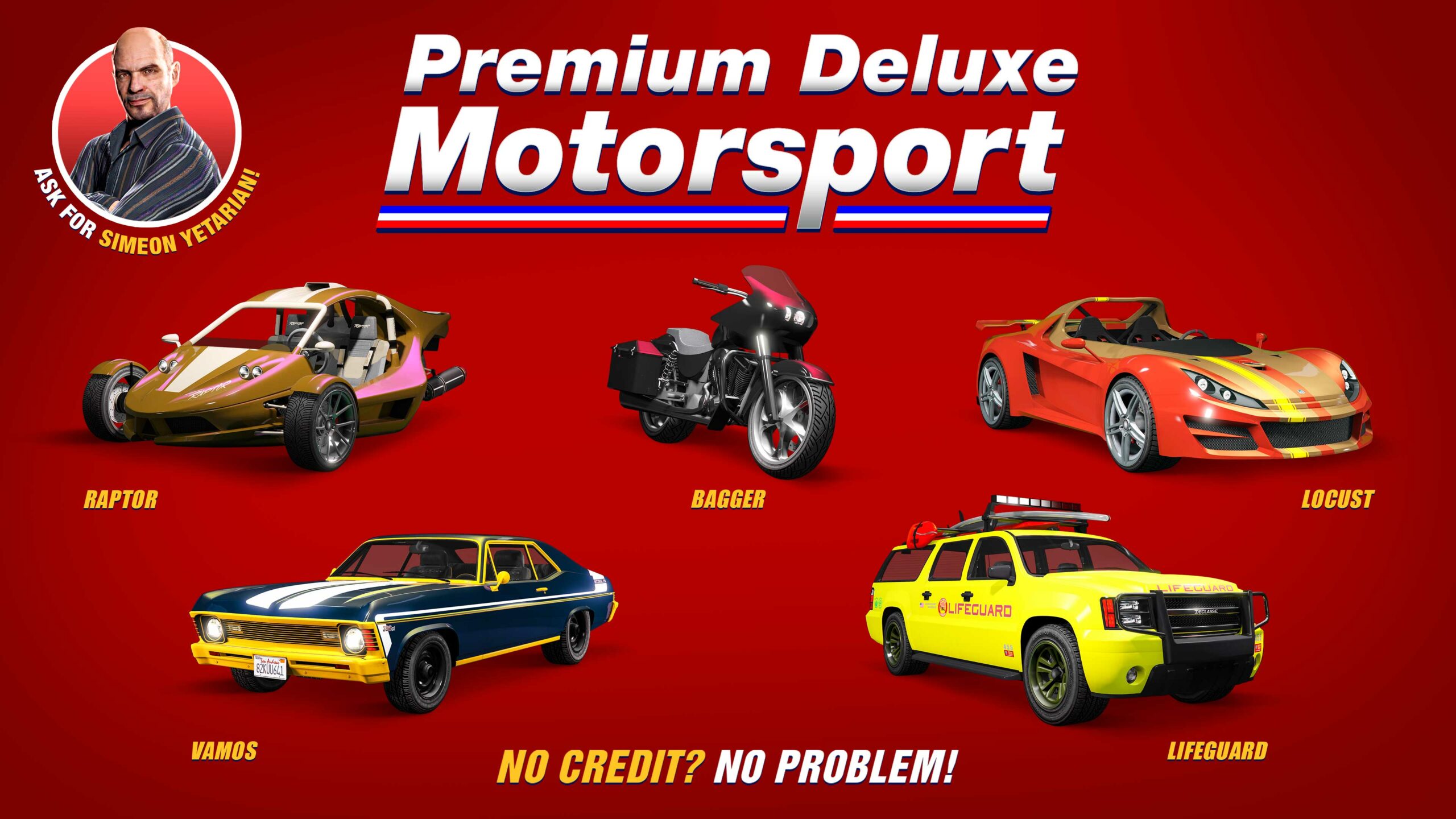 Pôster da Premium Deluxe Motorsport com o Declasse Salva-vidas, Ocelot Locust, Western Bagger, BF Raptor e Declasse Vamos