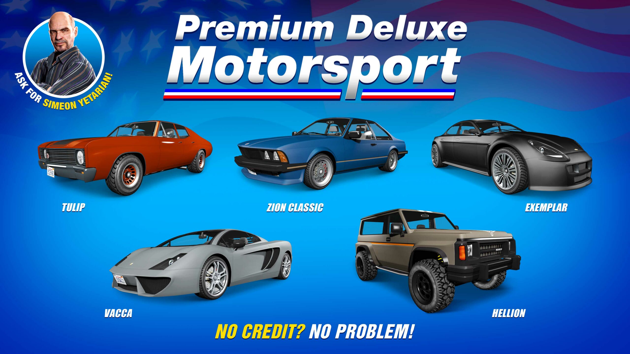 Pôster de cinco veículos da Premium Deluxe Motorsport: Declasse Tulip, Dewbauchee Exemplar, Übermacht Zion Clássico, Annis Hellion e Pegassi Vacca.