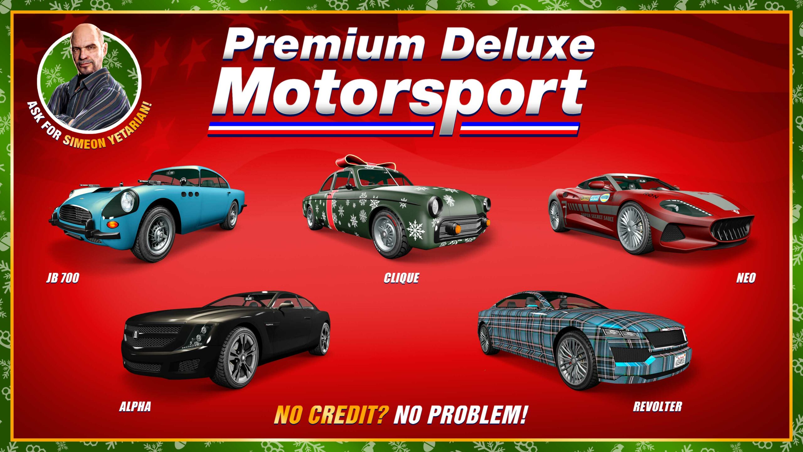 Pôster da Premium Deluxe Motorsport exibindo: Übermacht Revolter, Vapid Clique, Vysser Neo, Dewbauchee JB 700 e um Albany Alpha.