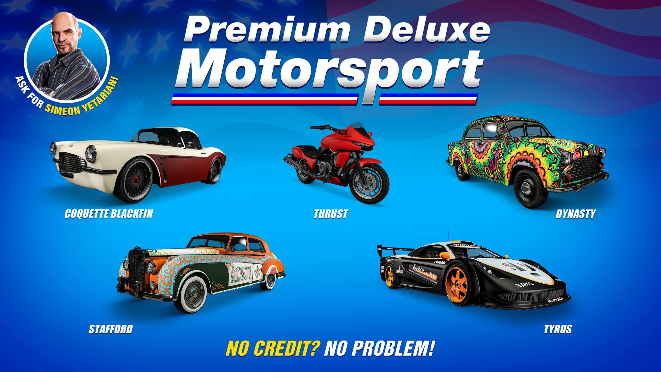 Pôster da Premium Deluxe Motorsport com cinco veículos: Invetero Coquette BlackFin, Dinka Thrust, Weeny Dynasty, Enus Stafford e Progen Tyrus.