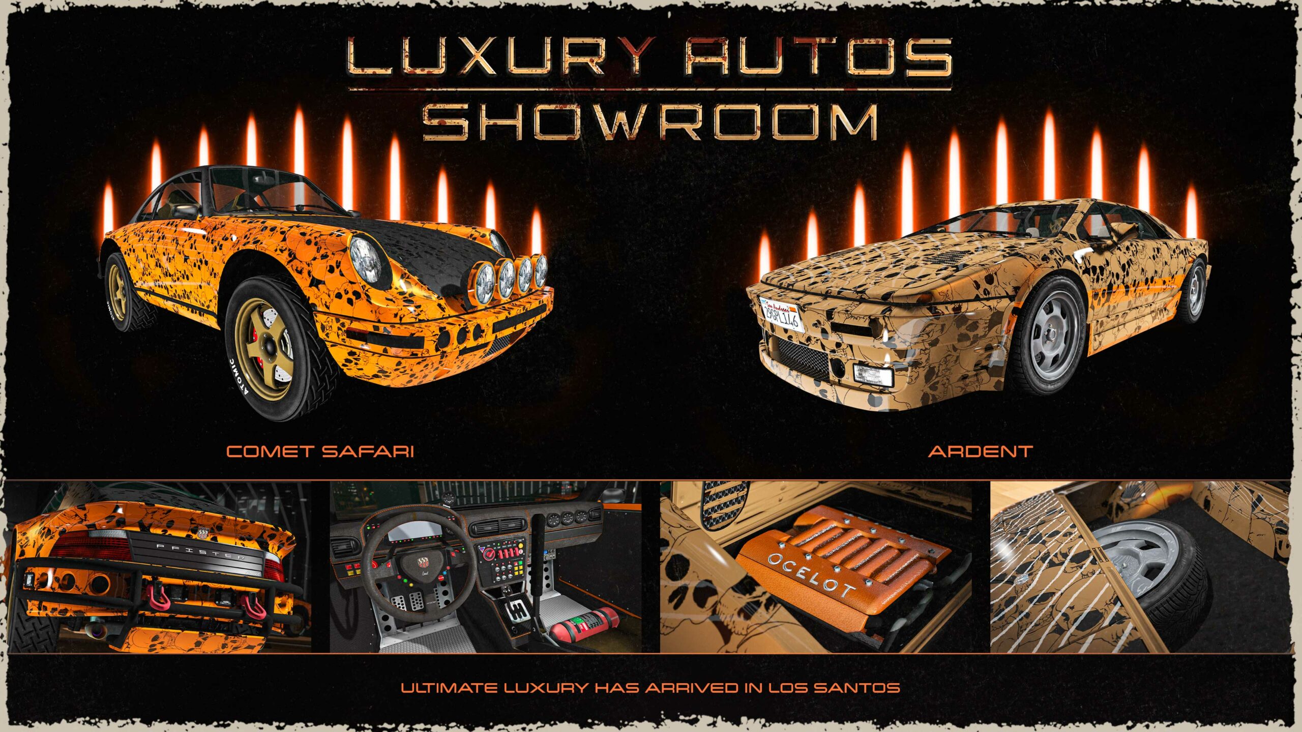 Pôster da Concessionária Luxury Autos. À esquerda: um Pfister Comet Safari laranja de três portas com a estampa de uma caveira preta e um capô preto. À direita: um Ocelot Ardent bege de três portas com a estampa de uma caveira preta e uma faixa laranja nas laterais.