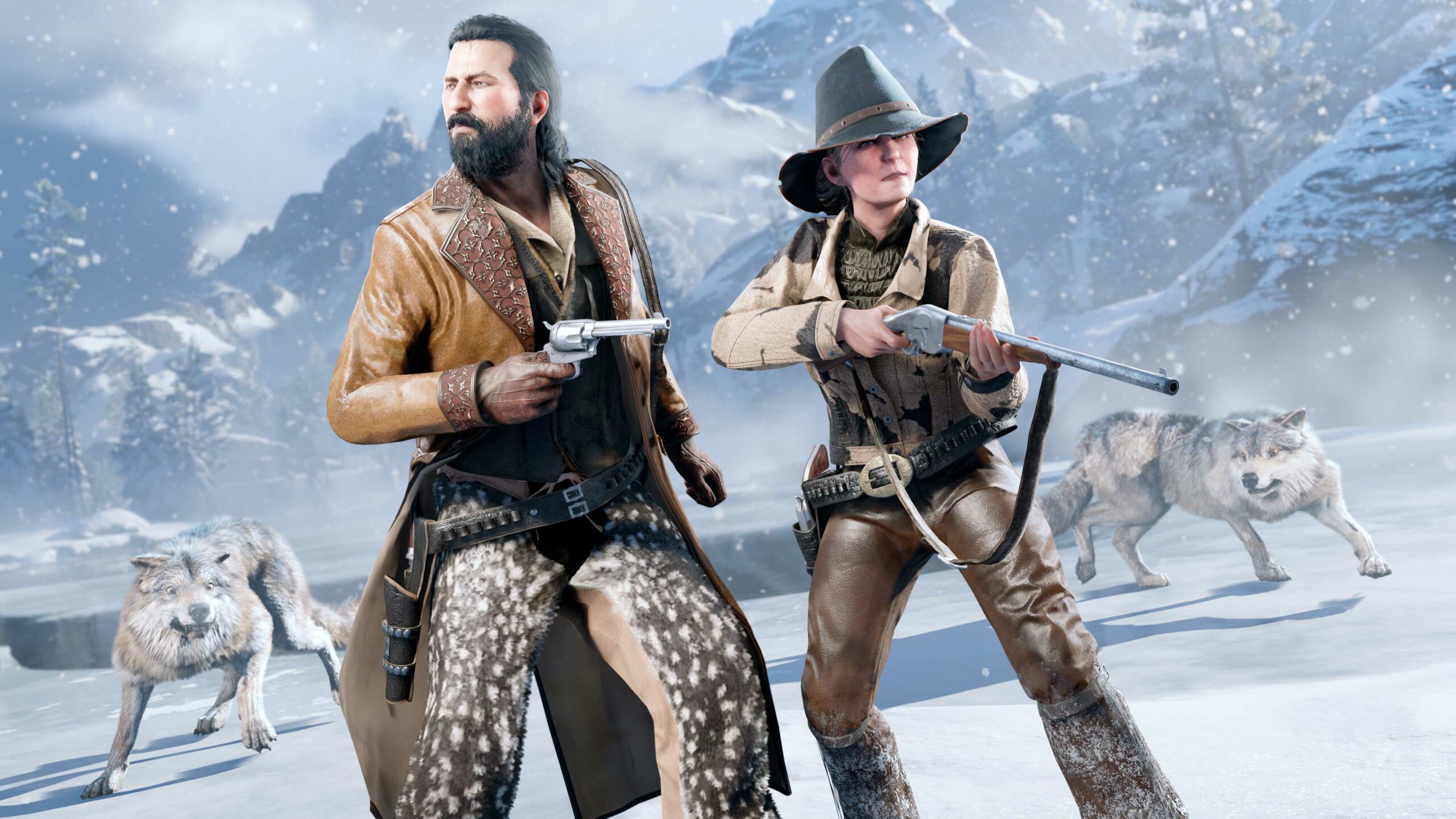 Dois personagens de Red Dead Online na neve armados e prontos para atirar enquanto lobos os cercam.