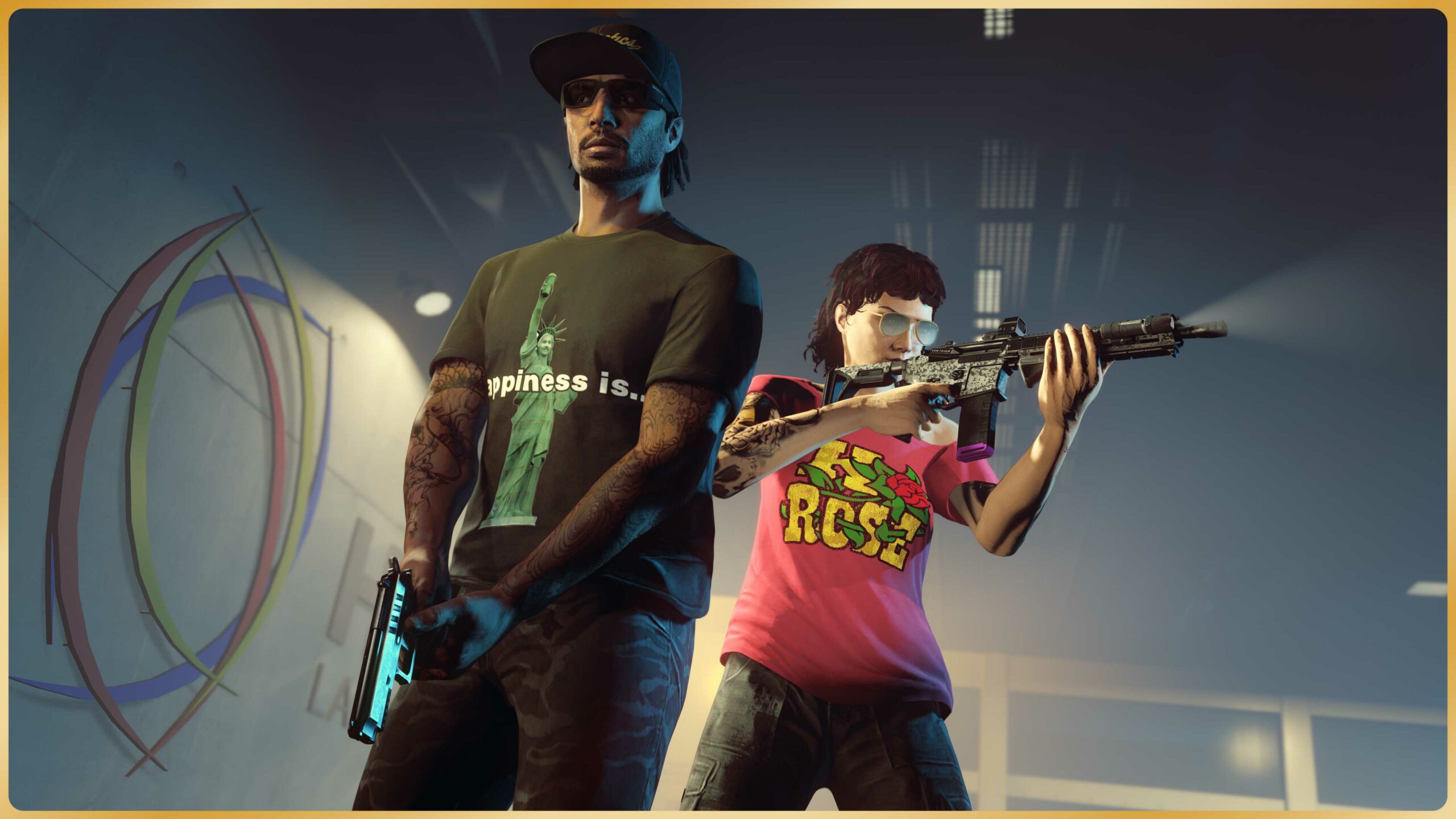 imagem de personagens do GTA Online usando as camisetas K-Rose e Estátua da Felicidade