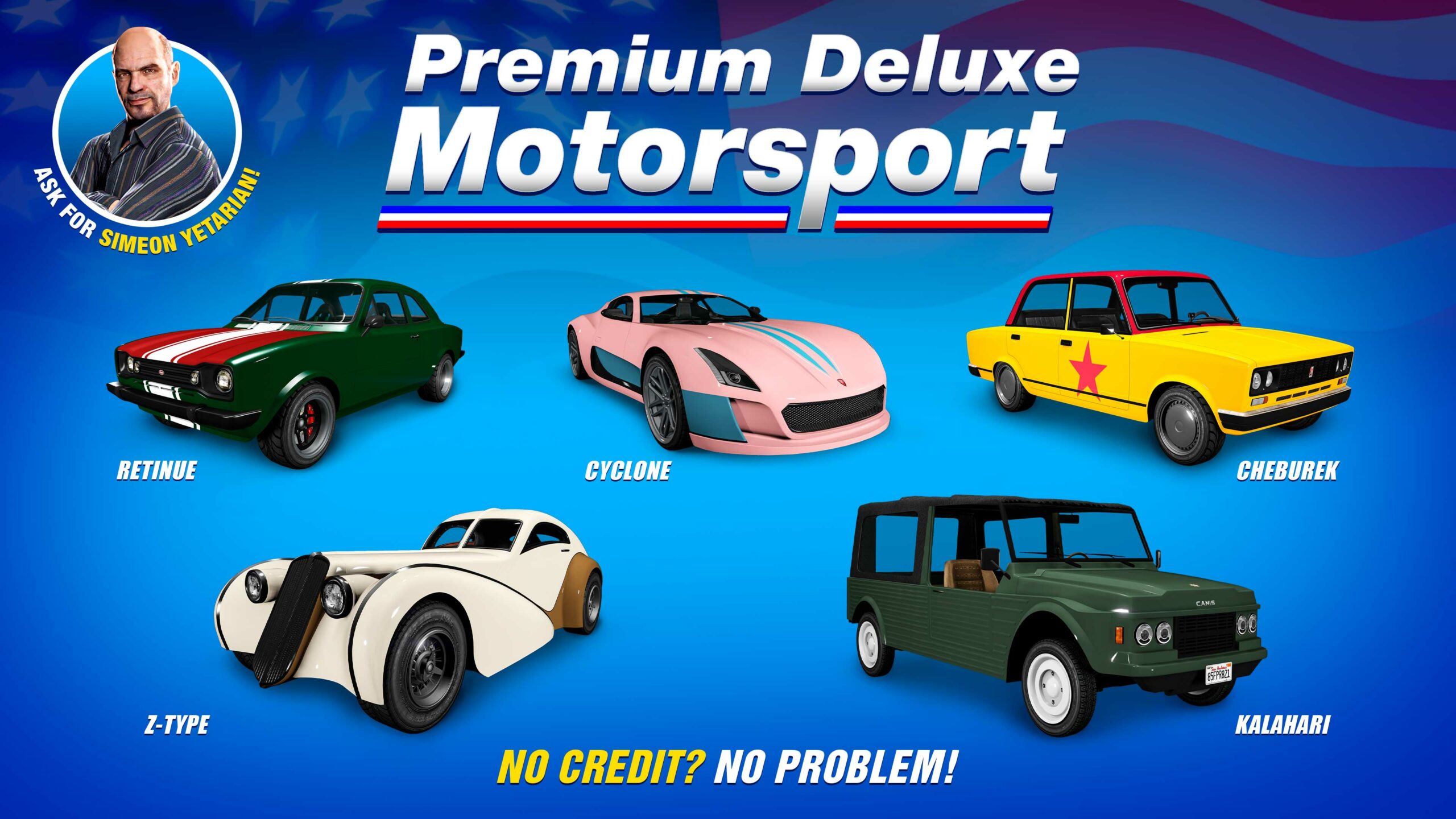 Pôster da Premium Deluxe Motorsport com cinco veículos: Truffade Z-Type, Vapid Retinue, RUNE Cheburek, Canis Kalahari e Coil Cyclone.