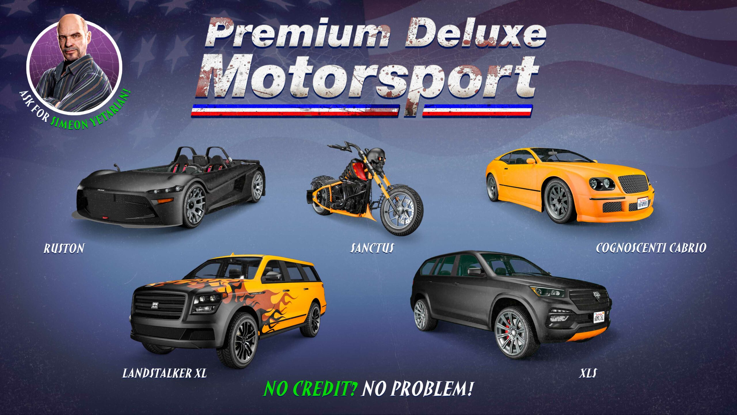 Pôster da concessionária Premium Deluxe Motorsport com cinco veículos: Enus Cognoscenti Cabrio, Dundreary Landstalker XL, Benefactor XLS, Hijak Ruston e LCC Sanctus.