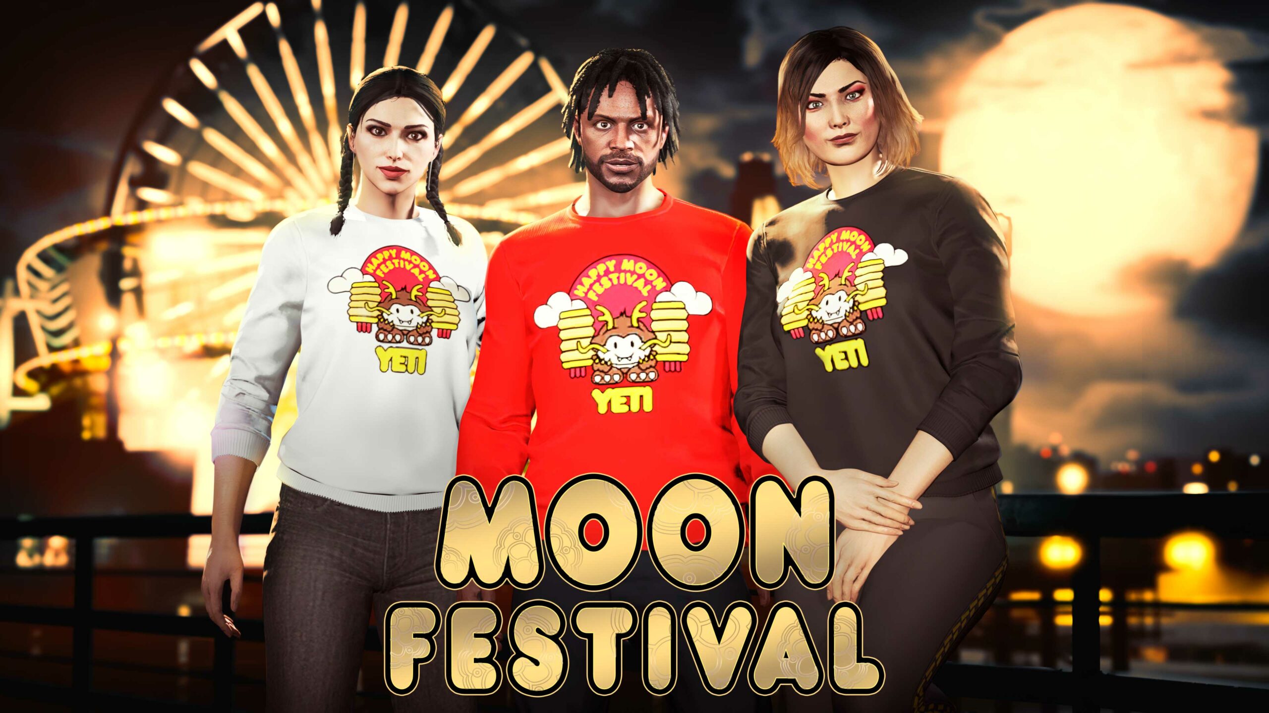 Pôster do evento Festival da Lua com três personagens do GTA Online vestindo Suéteres Outono nas cores Branco, Vermelho e Preto.