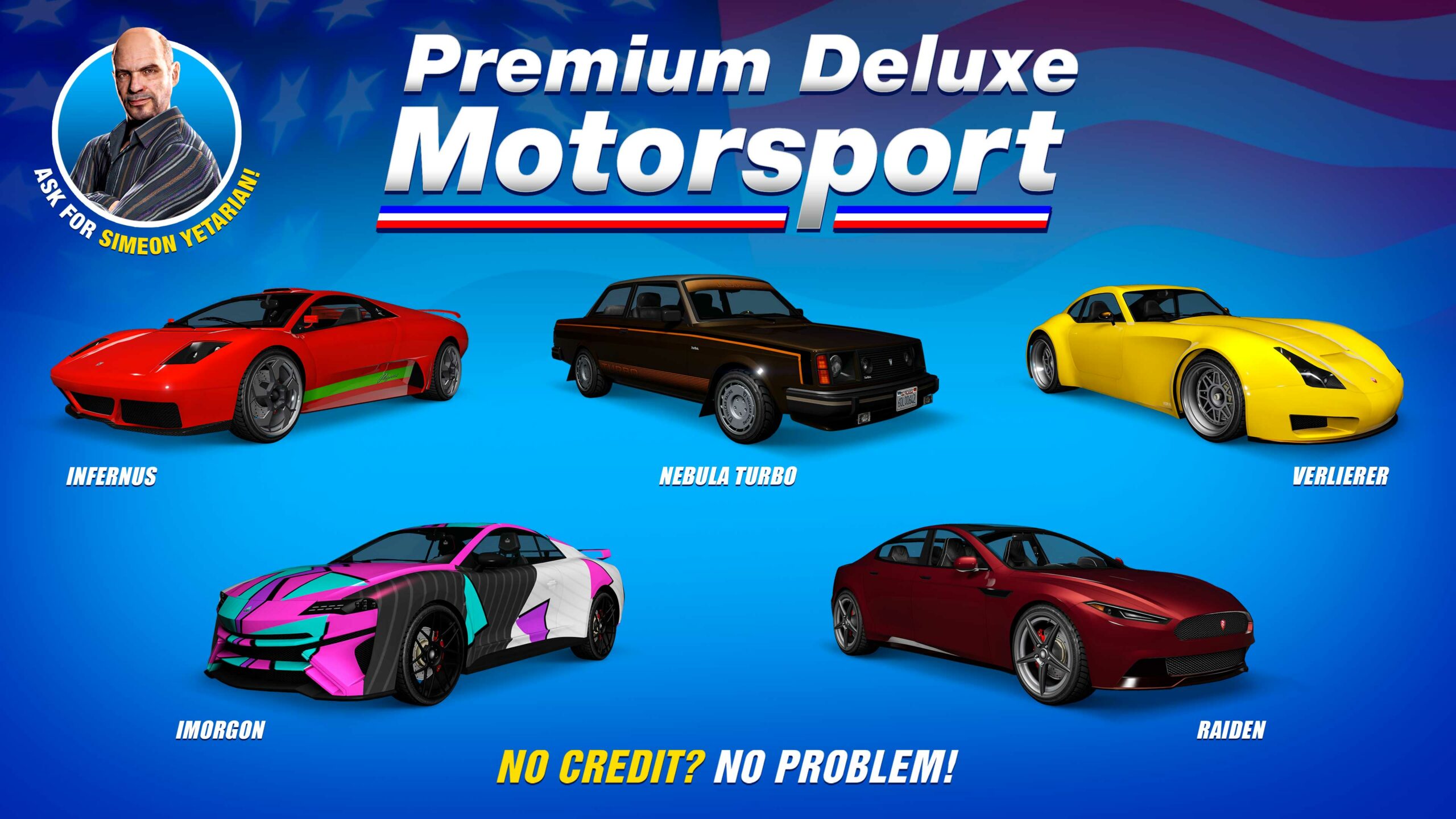 Pôster da Premium Deluxe Motorsport com o Coil Raiden, Överflöd Imorgon, Vulcar Nebula Turbo, Bravado Verlierer e Pegassi Infernus