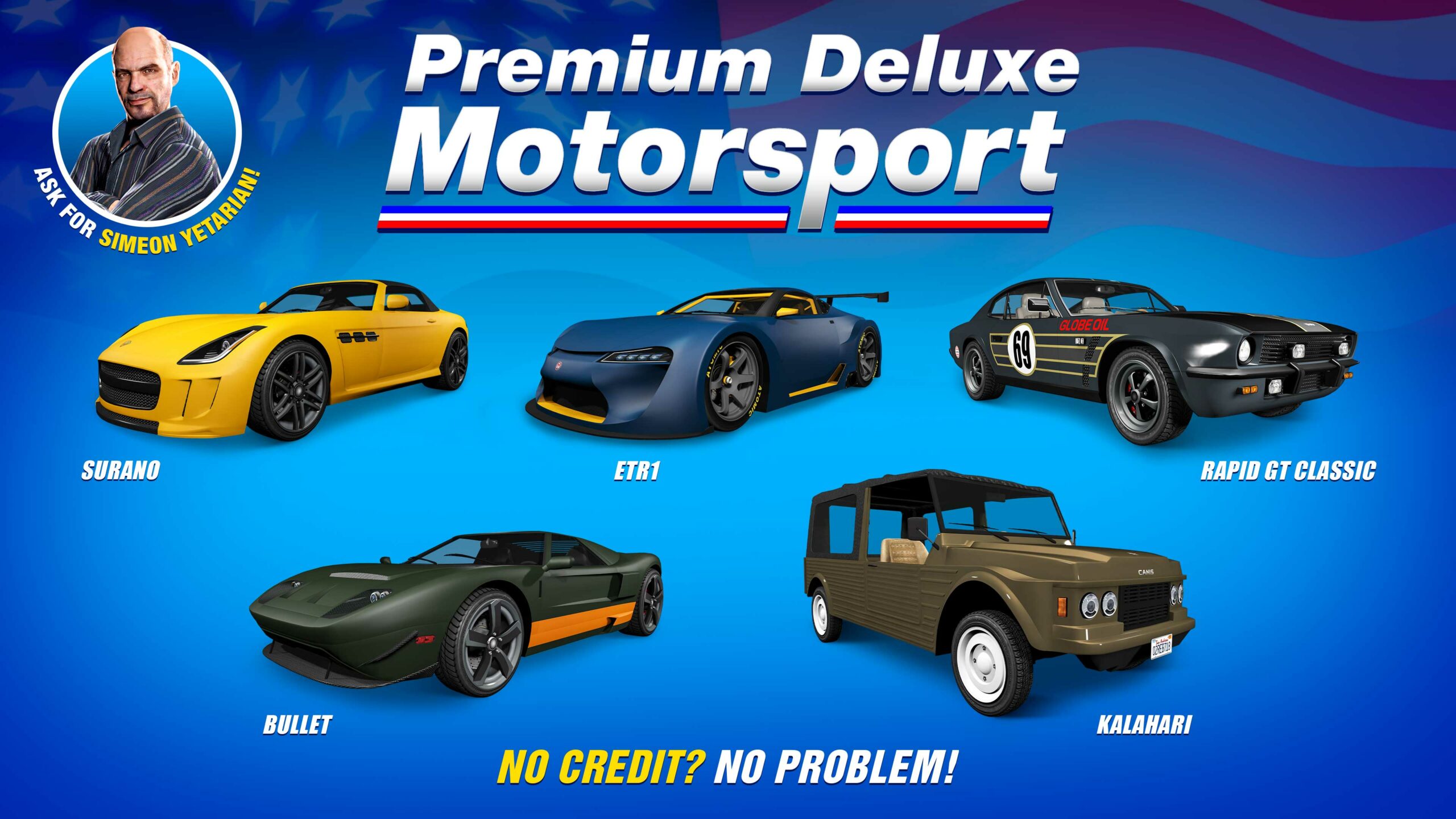 Pôster da Premium Deluxe Motorsport com cinco veículos. Benefactor Surano, Vapid Bullet, Emperor ETR1, Dewbauchee Rapid GT Classic e Canis Kalahari.