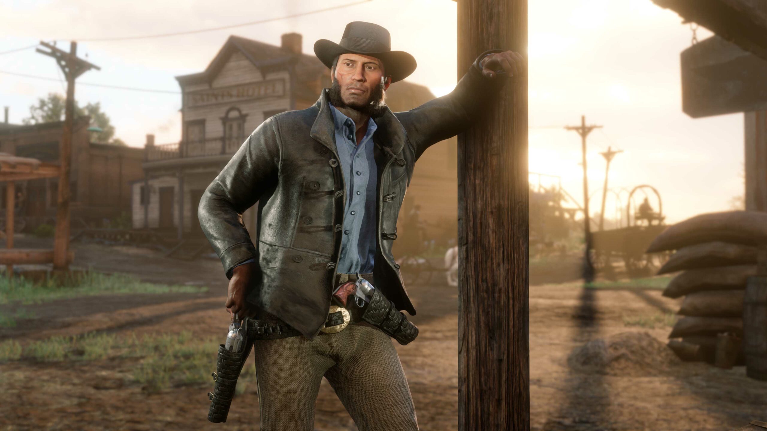 imagem de um personagem de Red Dead Online encostado em um poste