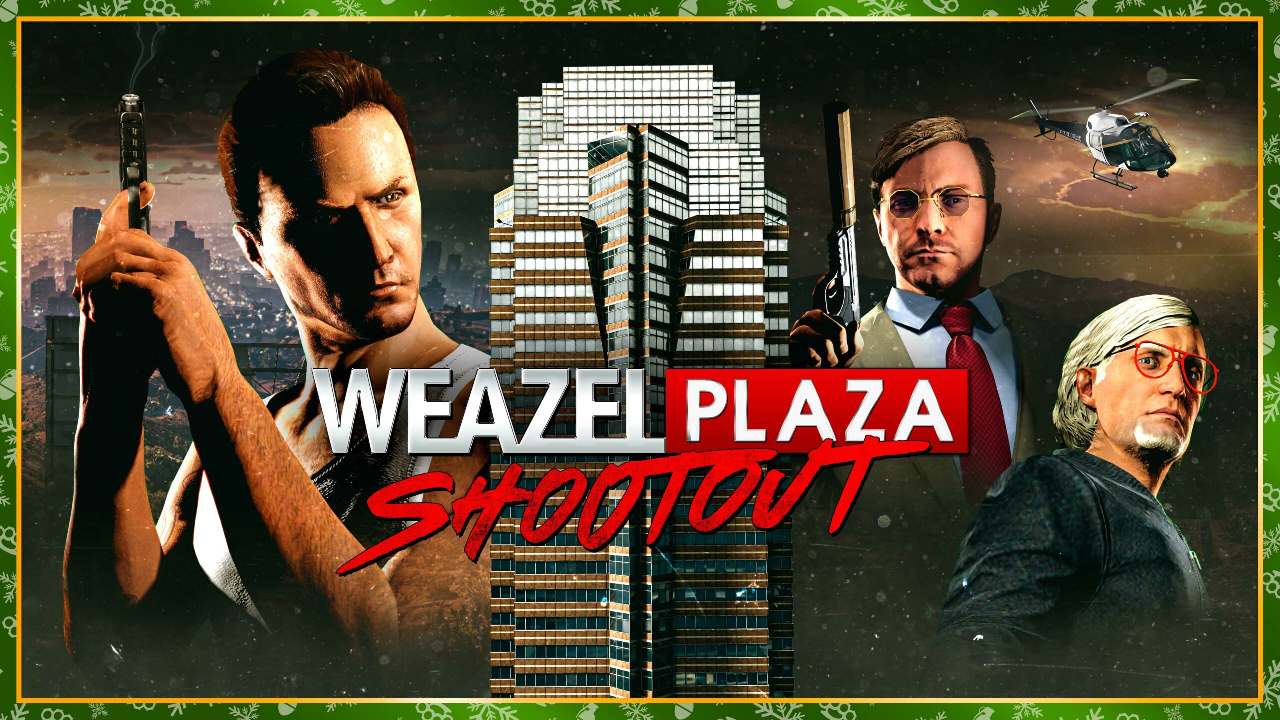 Pôster de montagem do tiroteio no Weazel Plaza com um personagem de blusa branca segurando uma arma, um personagem de terno segurando uma pistola com silenciador e um personagem de jaqueta preta, e a Weazel Plaza no meio deles.