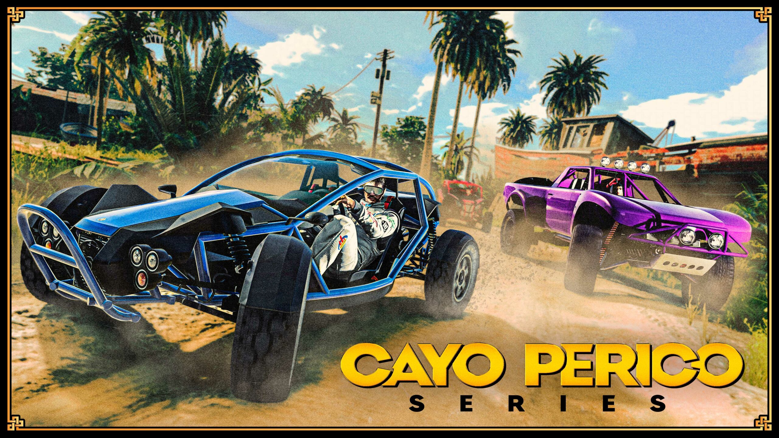 Poster do Cayo Perico em série com veículos off road acelerando.