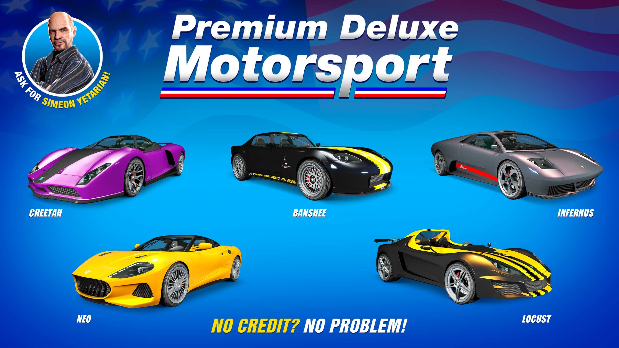 Pôster da Premium Deluxe Motorsport com o Vysser Neo, Pegassi Infernus, Grotti Cheetah, Bravado Banshee e Ocelot Locust