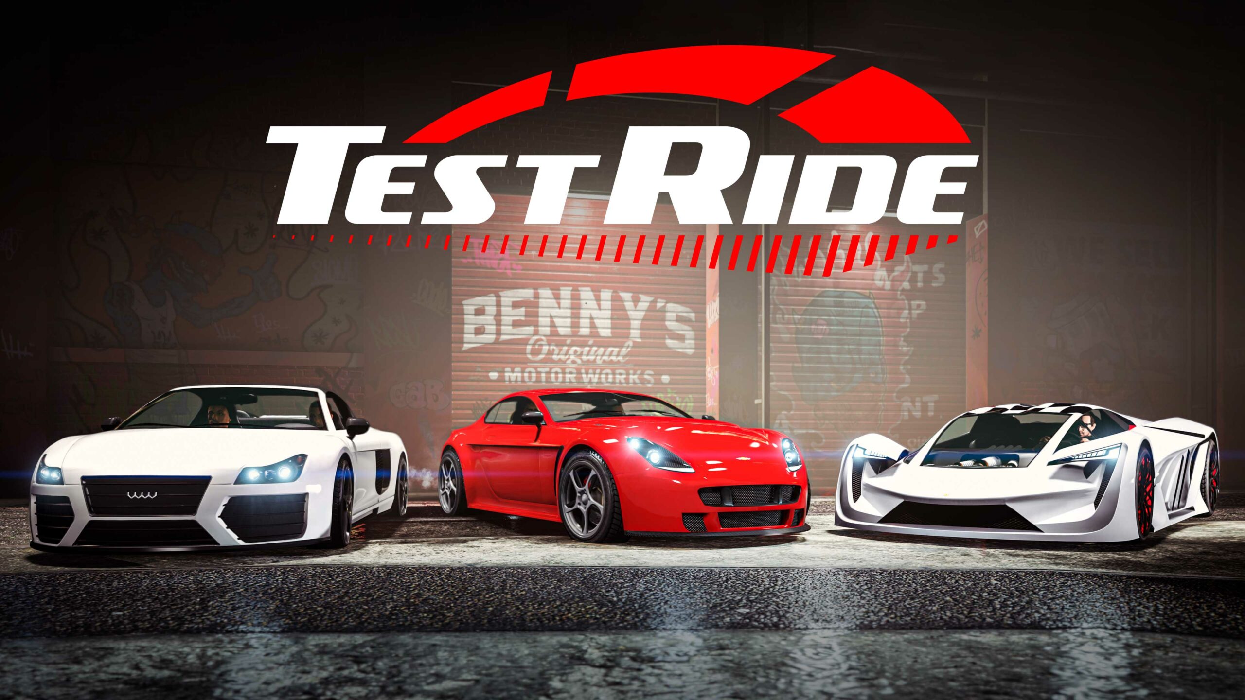 imagem dos veículos Pegassi Tezeract, Dewbauchee Rapid GT e Obey 9F Cabrio com logotipo de Veículos de Teste