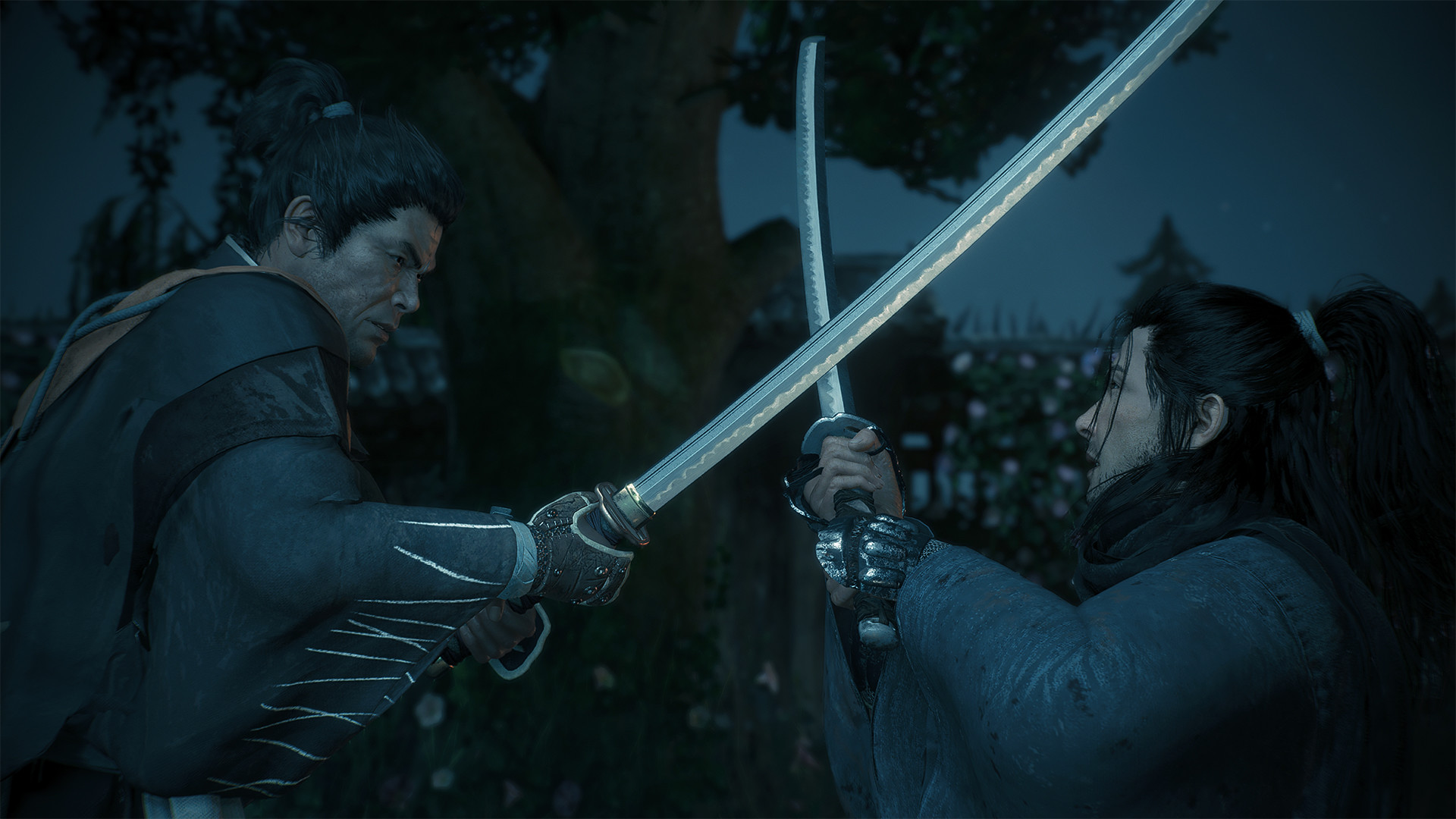 Two katana-wielding combatants cross swords.