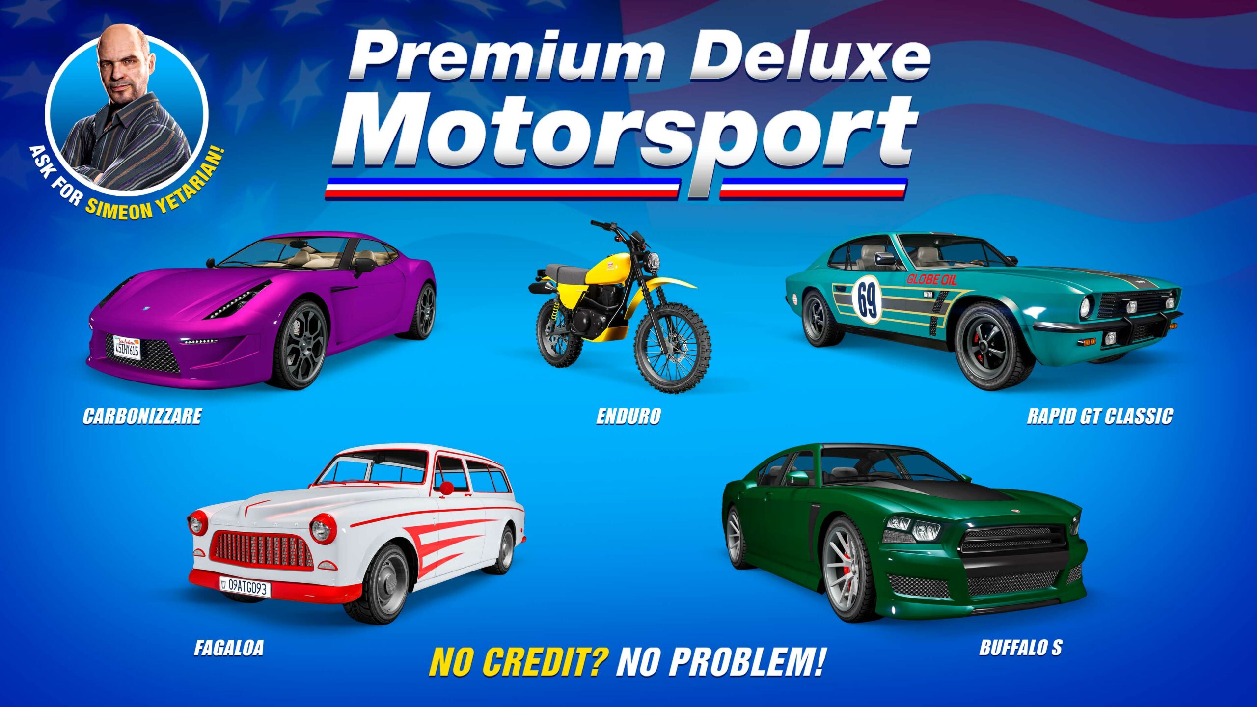 Pôster da Premium Deluxe Motorsport com cinco veículos: Dewbauchee Rapid GT Clássico, Vulcar Fagaloa, Grotti Carbonizzare, Bravado Buffalo S e Dinka Enduro.