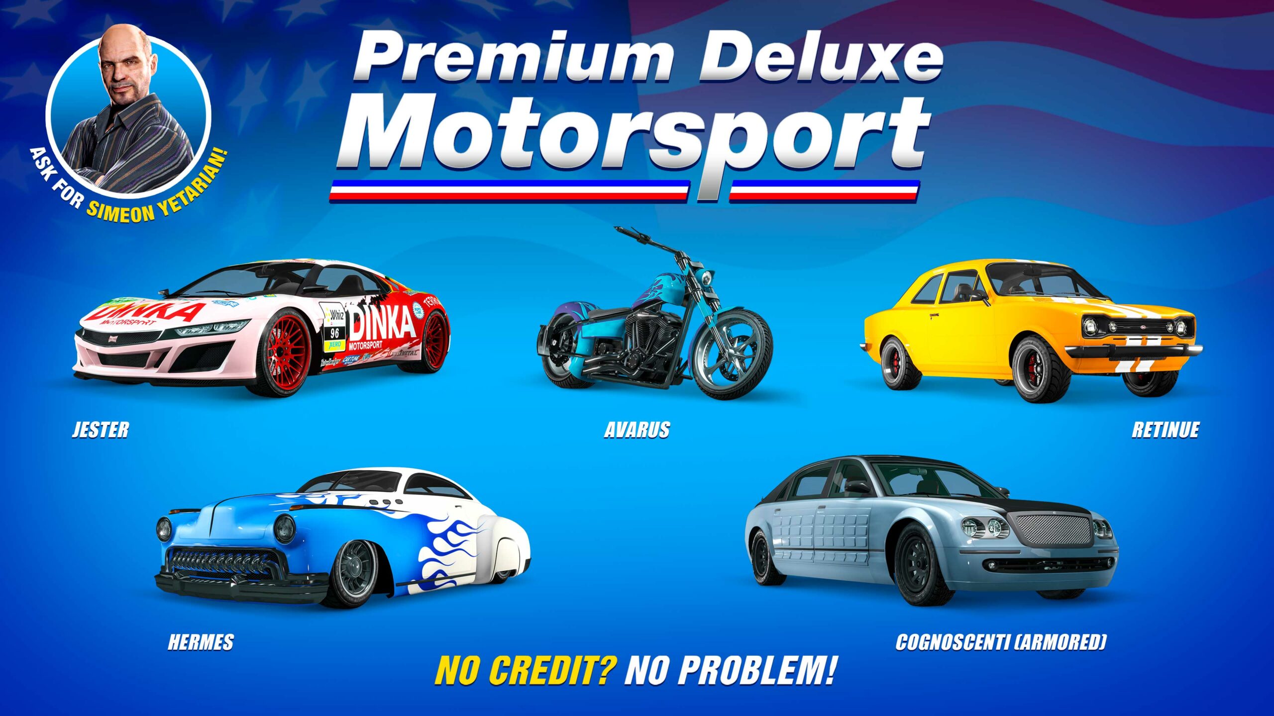 Pôster da concessionária Premium Deluxe Motorsport com cinco veículos: Enus Cognoscenti, Dinka Jester, LCC Avarus, Vapid Retinue e Albany Hermes.