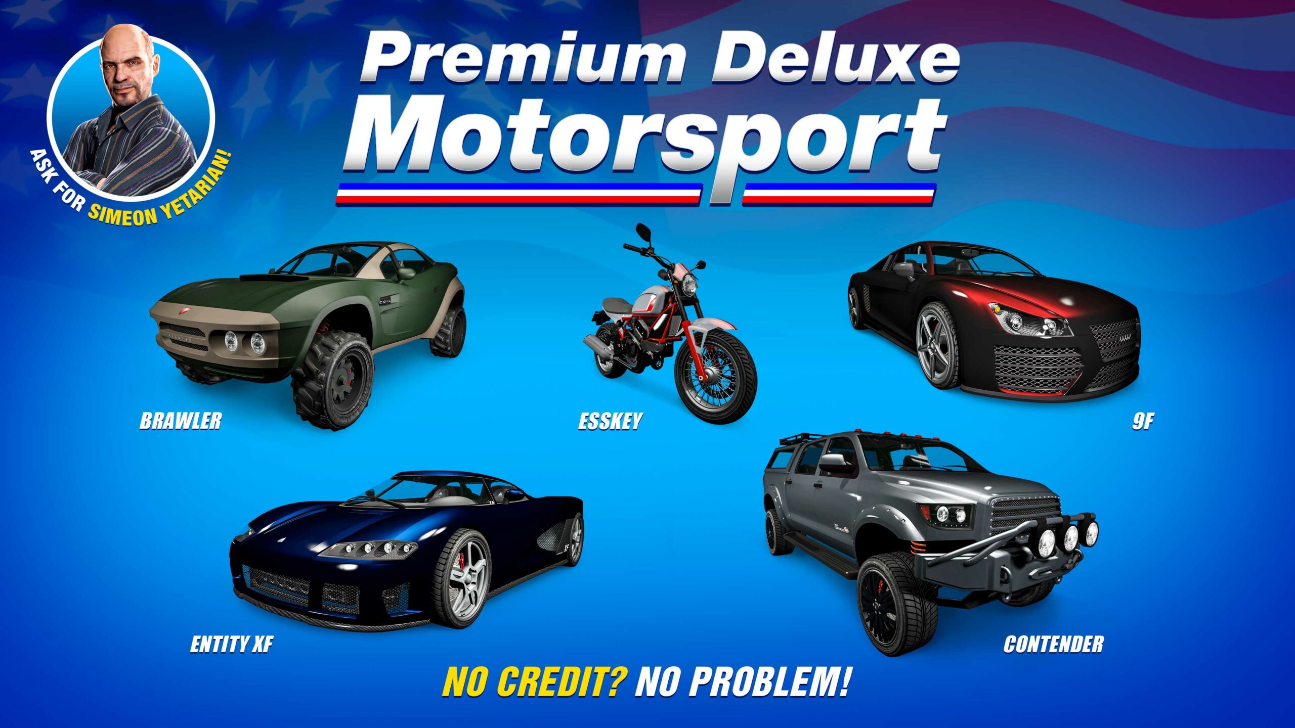 Pôster do Premium Deluxe Motorsport para cinco veículos: Överflöd Entity XF, Coil Brawler, Pegassi Esskey, Vapid Contender e Obey 9F.