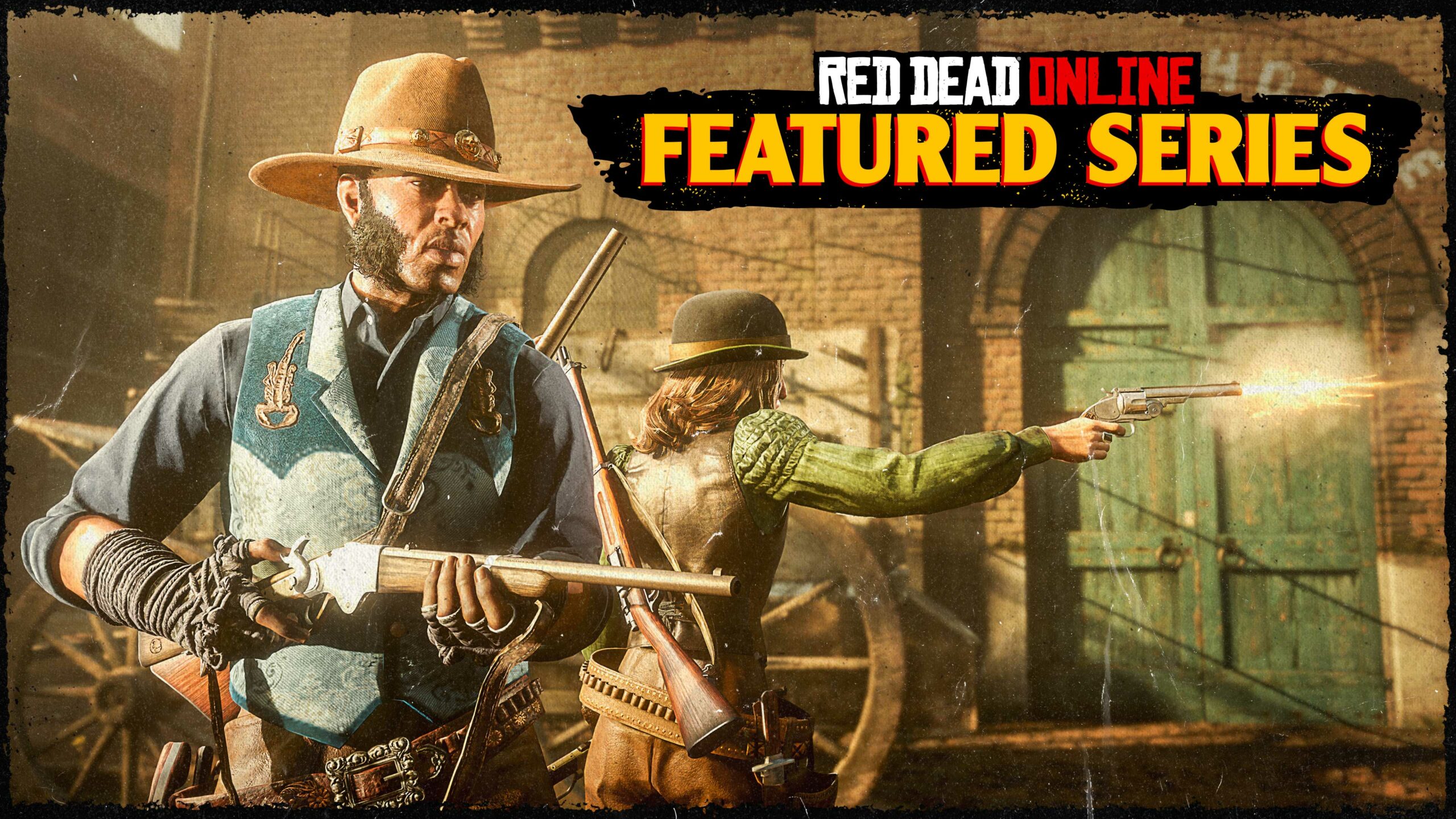 Pôster de uma Série em Destaque no Red Dead Online mostrando dois jogadores online durante uma batalha em uma Série de Conflito Extrema.