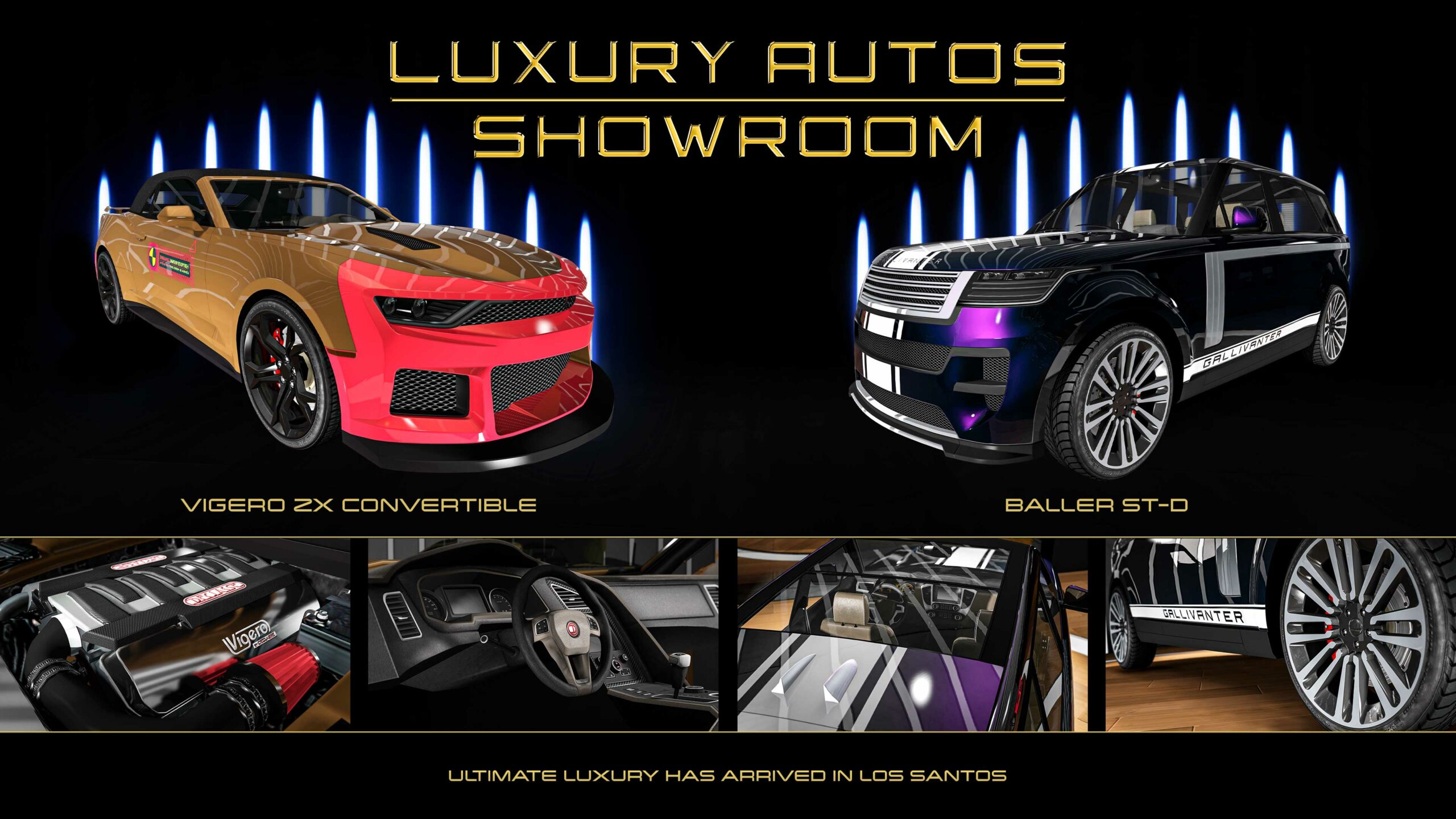 Pôster de dois veículos da vitrine da Luxury Autos. Esquerda: um Declasse Vigero ZX Conversível Dourado com um para-choque frontal e parte do capô em vermelho. Direita: um Gallivanter Baller ST-D Preto com uma pintura perolada roxa uma listra grossa de corrida nas laterais.