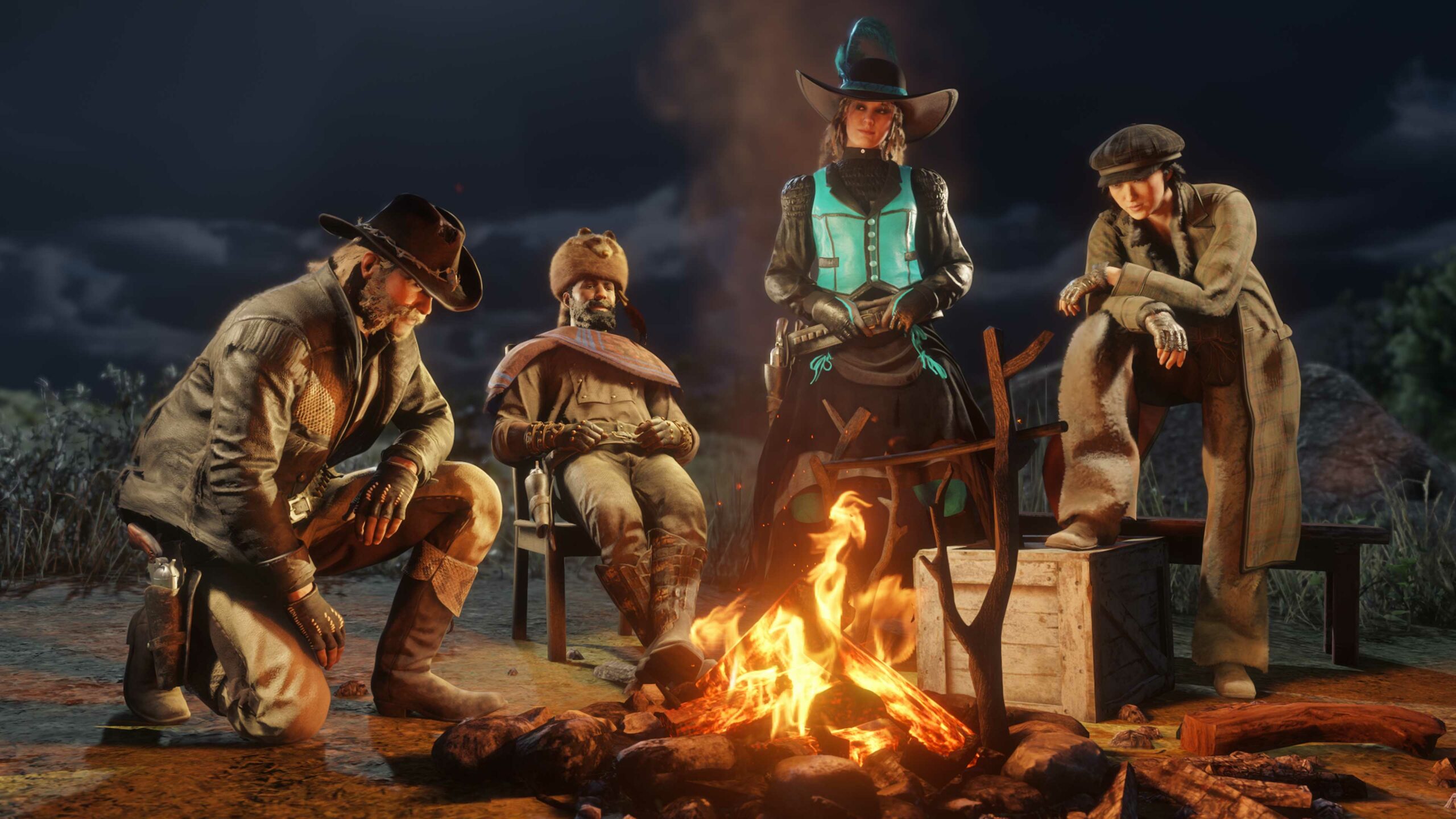 Imagem de personagens de Red Dead Online vestindo peças de vestuário disponíveis por tempo limitado