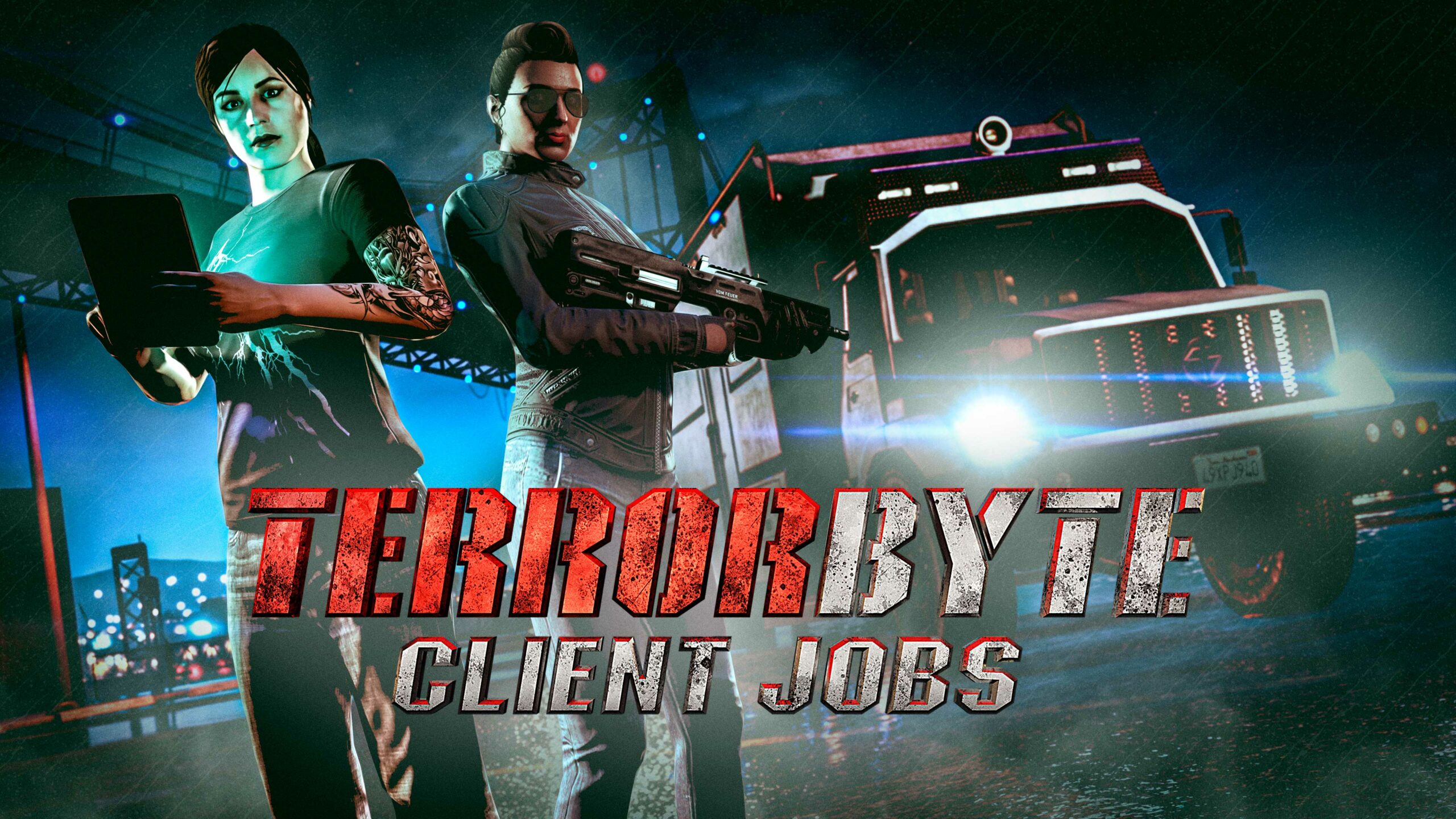 imagem de personagens no GTA Online e do Terrorbyte com o logotipo dos Serviços de Cliente