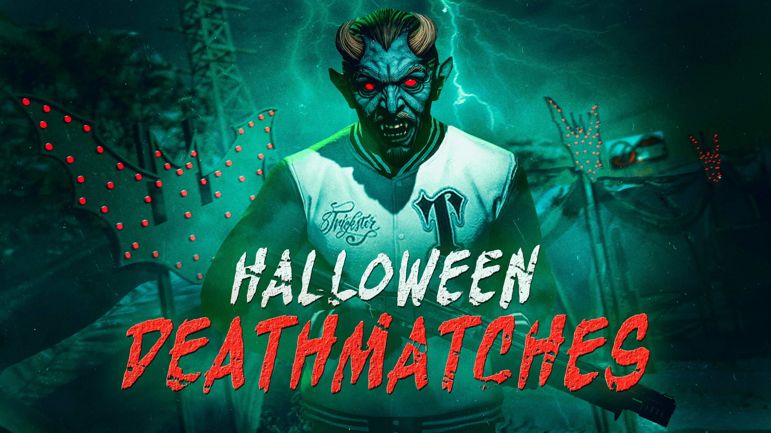 Cartaz de Mata-matas de Halloween com um personagem armado usando uma máscara com chifres.