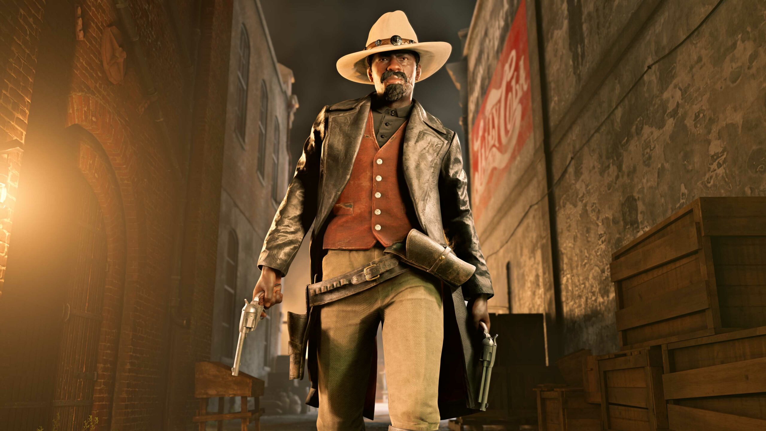 Um personagem de Red Dead Online em um bar, usando um Traje Inspirado Pela Comunidade, composto pelo YouTuber Lordbst.