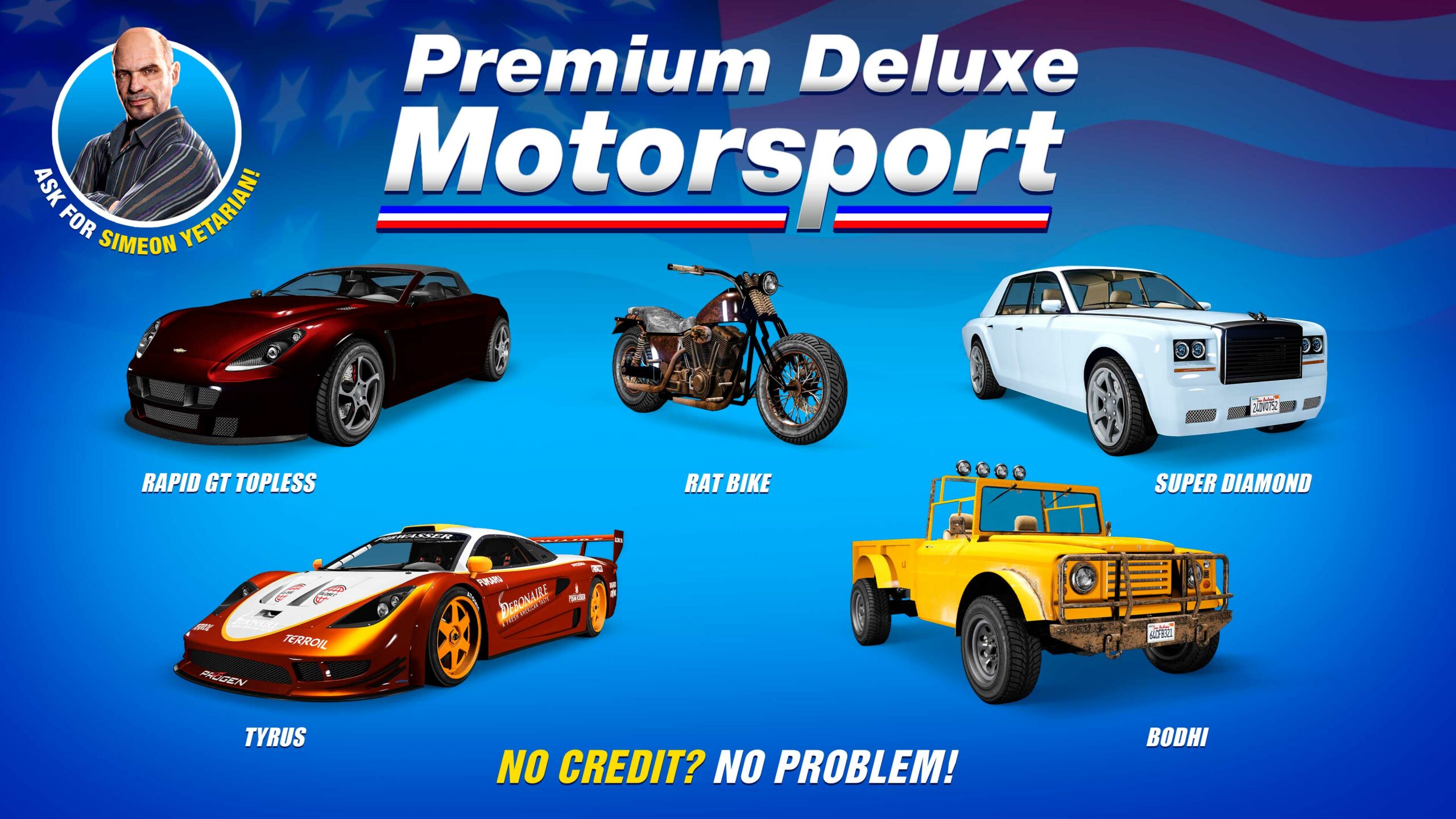 Pôster da Premium Deluxe Motorsport com cinco veículos: Progen Tyrus, Enus Super Diamond, Dewbauchee Rapid GT conversível, Western Rat Bike e Canis Bodhi