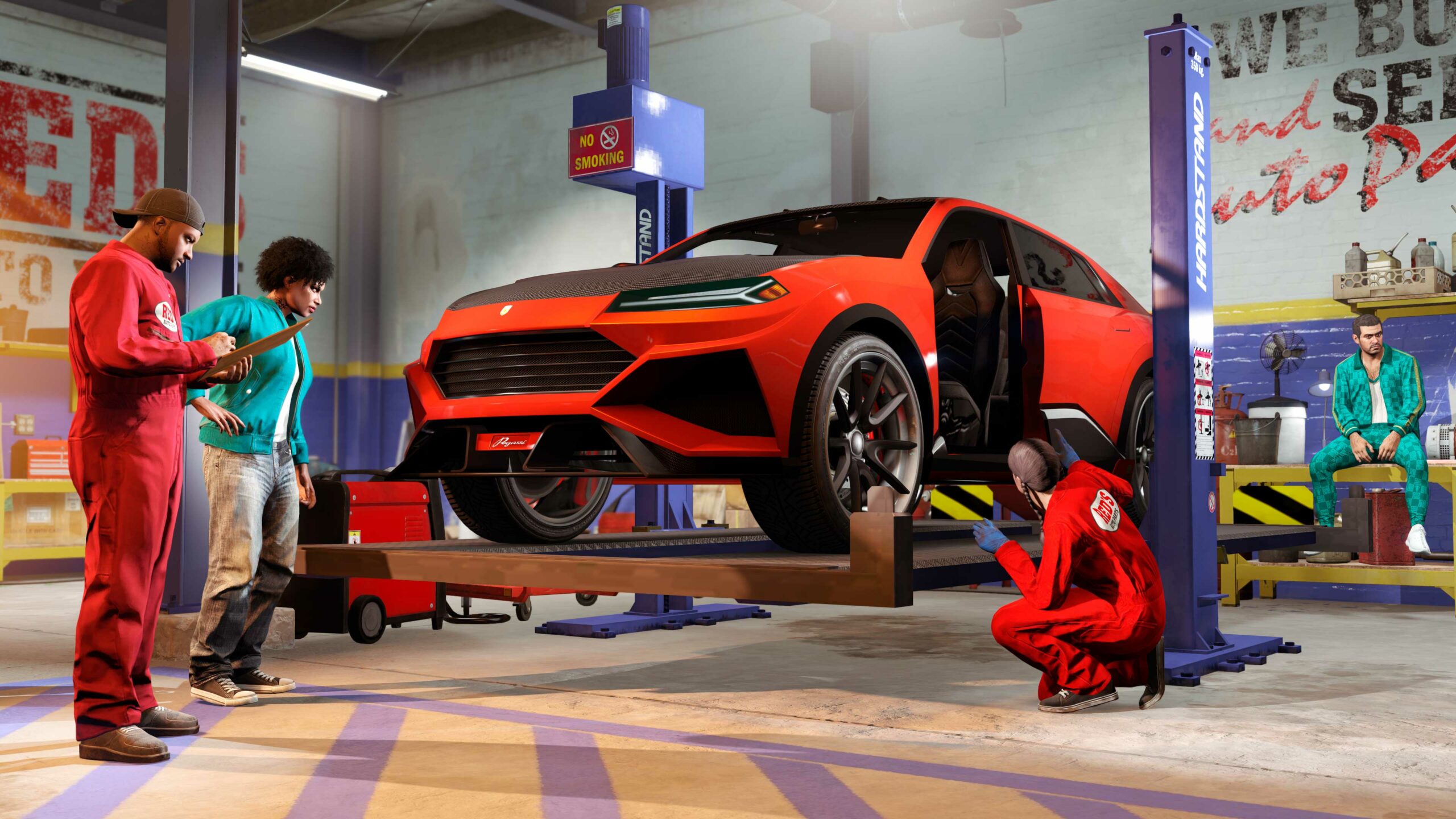 Mecânicos na Red's Garage trabalhando em um Pegassi Toros.