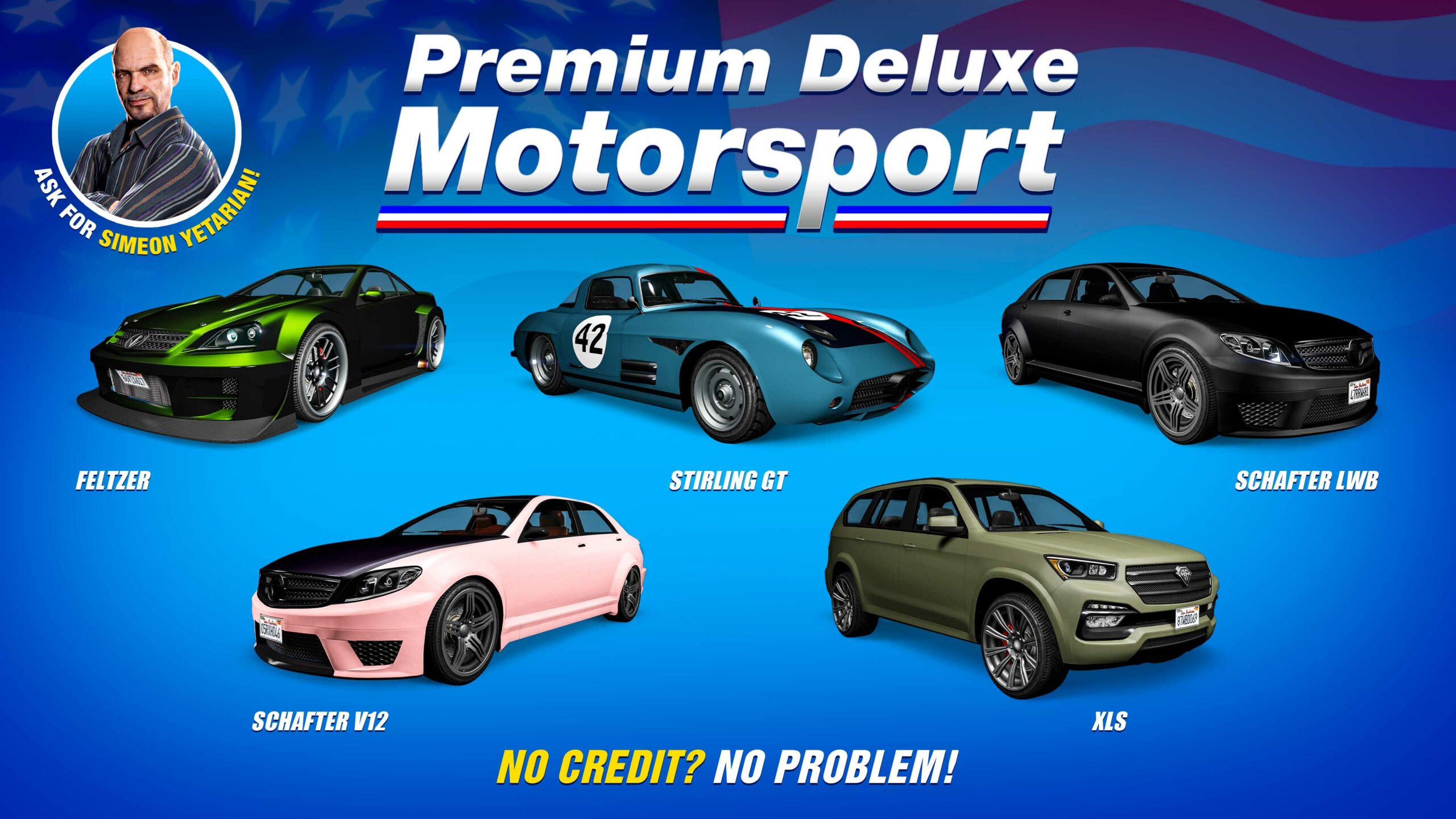 Pôster da Premium Deluxe Motorsport com cinco veículos: Benefactor Stirling GT, Benefactor Schafter V12, Benefactor XLS, Benefactor Schafter LWB e Benefactor Feltzer.