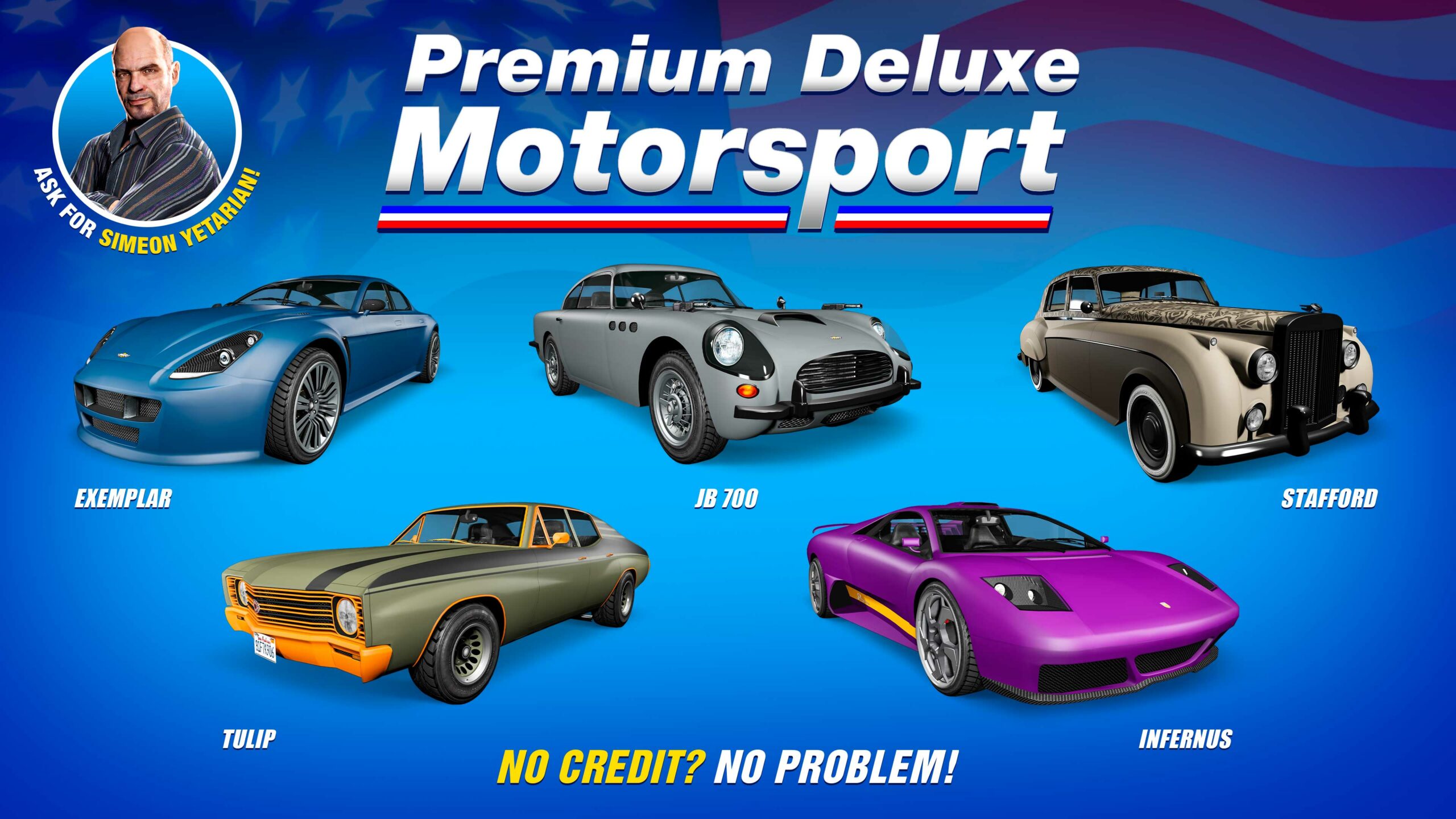 Pôster da Premium Deluxe Motorsport com cinco veículos: Enus Stafford, Declasse Tulip, Pegassi Infernus, Dewbauchee JB 700 e Dewbauchee Exemplar.