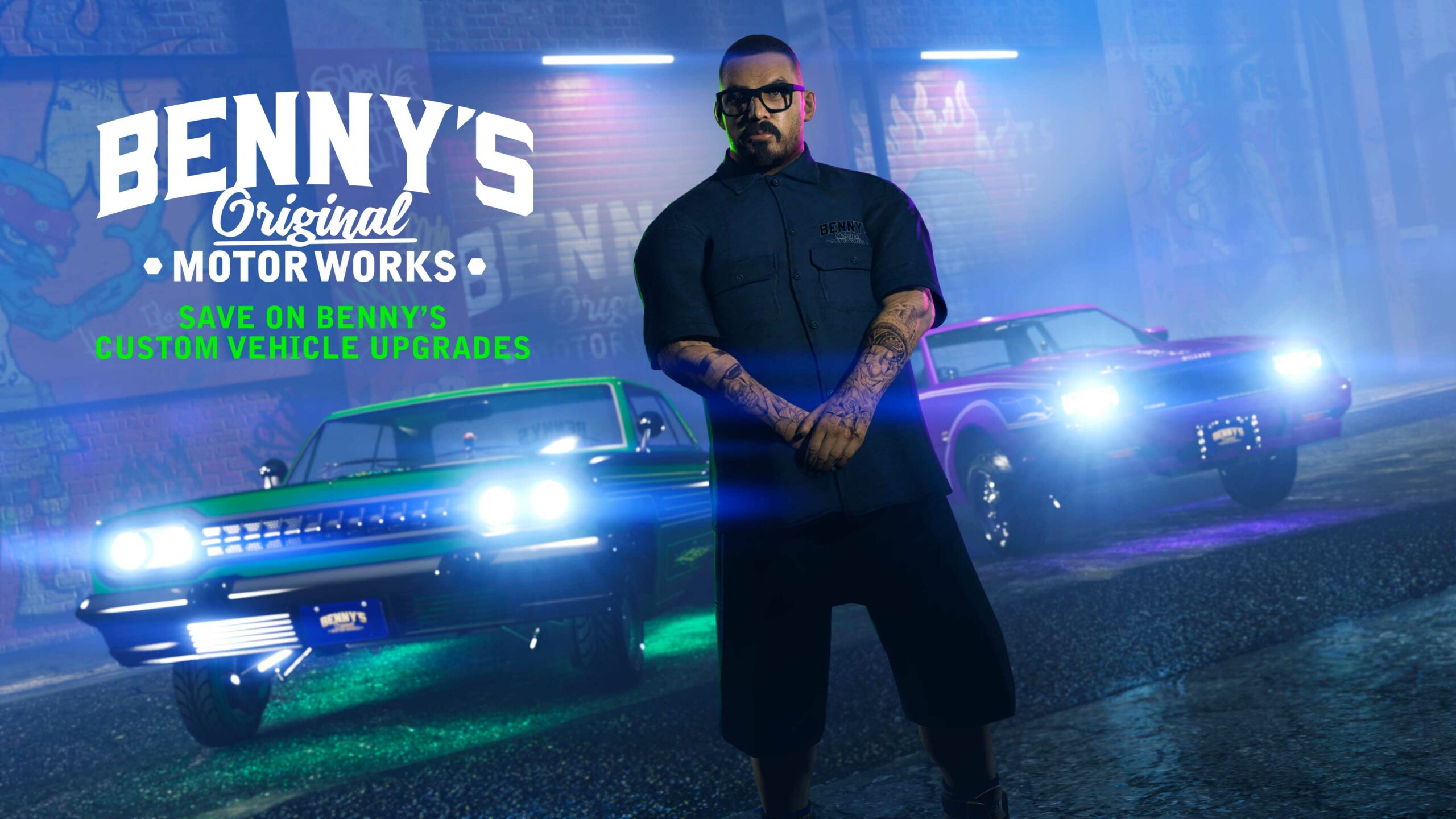 imagem do Benny e veículos do GTA Online na frente da Benny's Original Motor Works