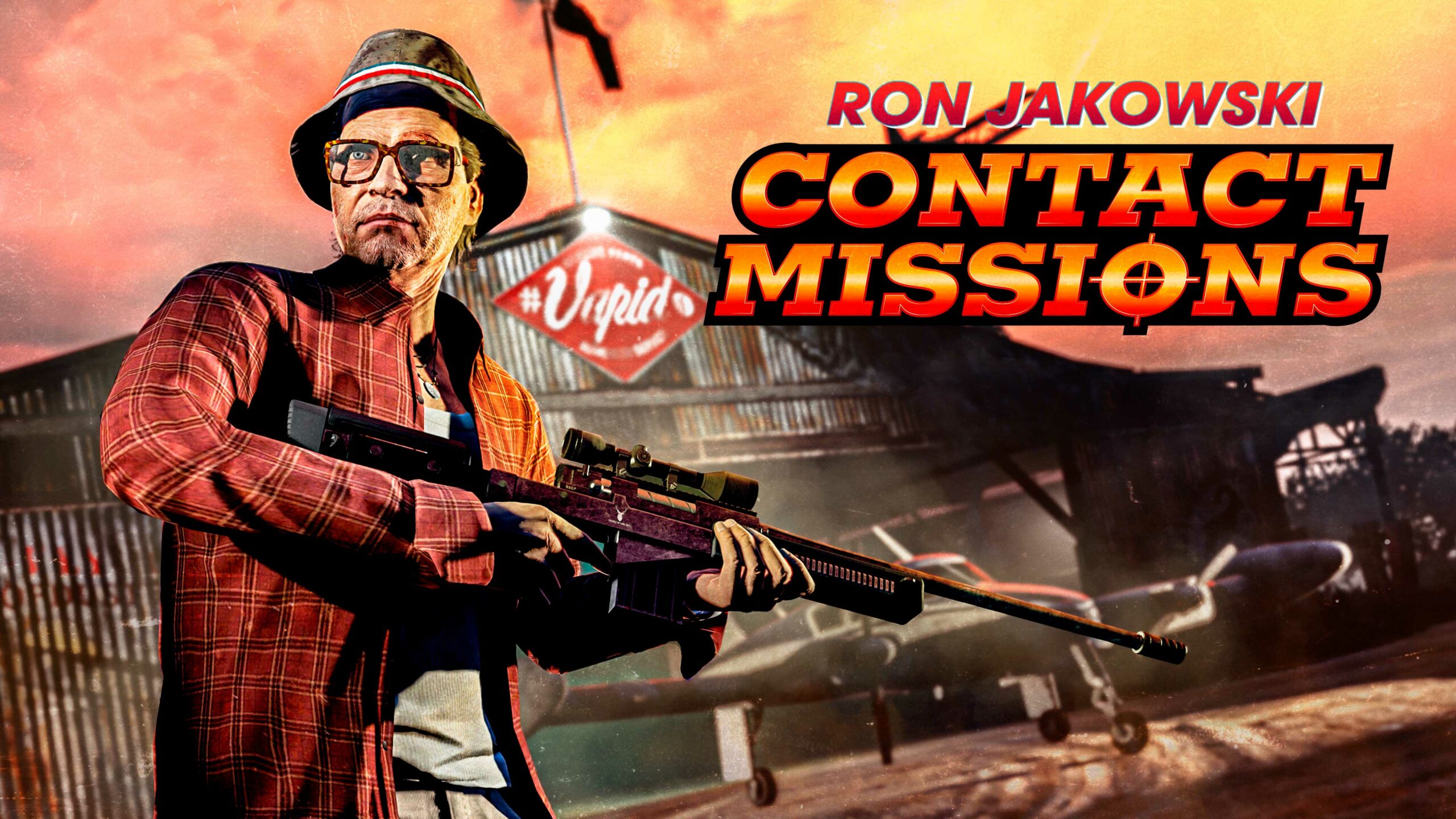 imagem do GTA Online com Ron Jakowski e logotipo de Missões de Contato