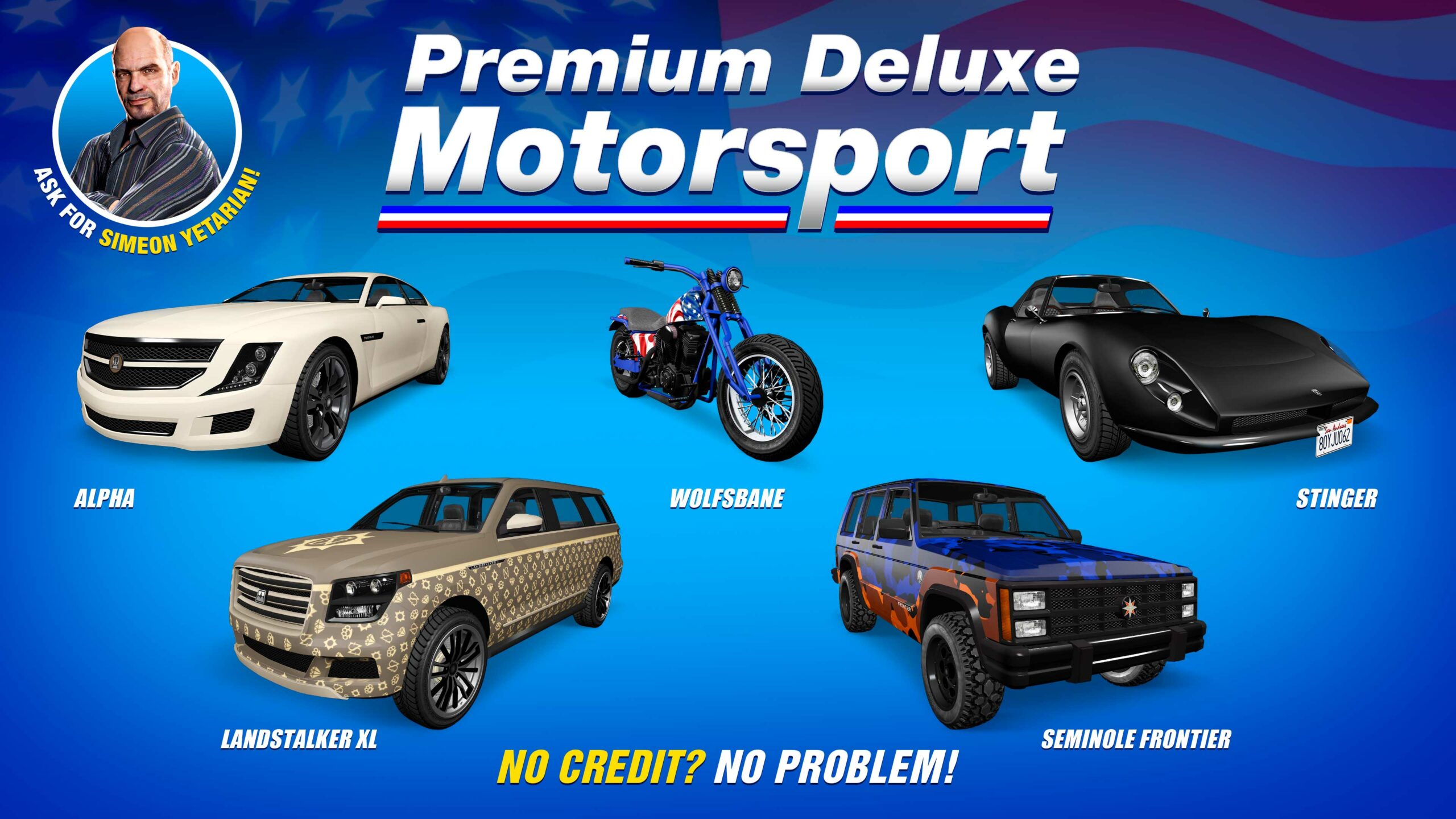 Pôster de cinco veículos da Premium Deluxe Motorsport: Dundreary Landstalker XL, Grotti Stinger, Canis Seminole Frontier, Albany Alpha e Western Wolfsbane.