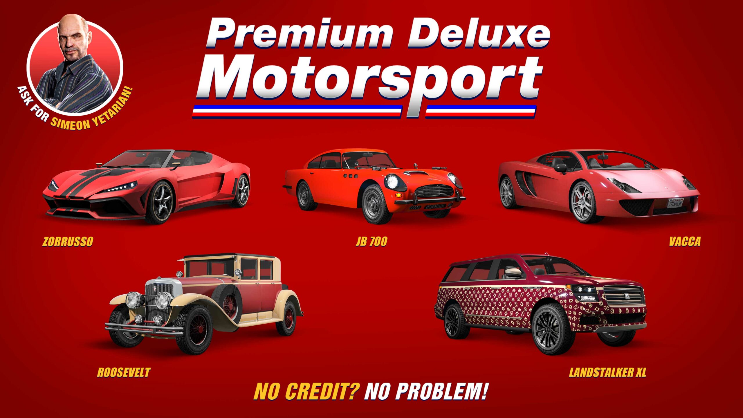 Pôster da Premium Deluxe Motorsport exibindo o Pegassi Vacca, Pegassi Zorrusso, Dewbauchee JB 700, Dundreary Landstalker XL e Albany Roosevelt