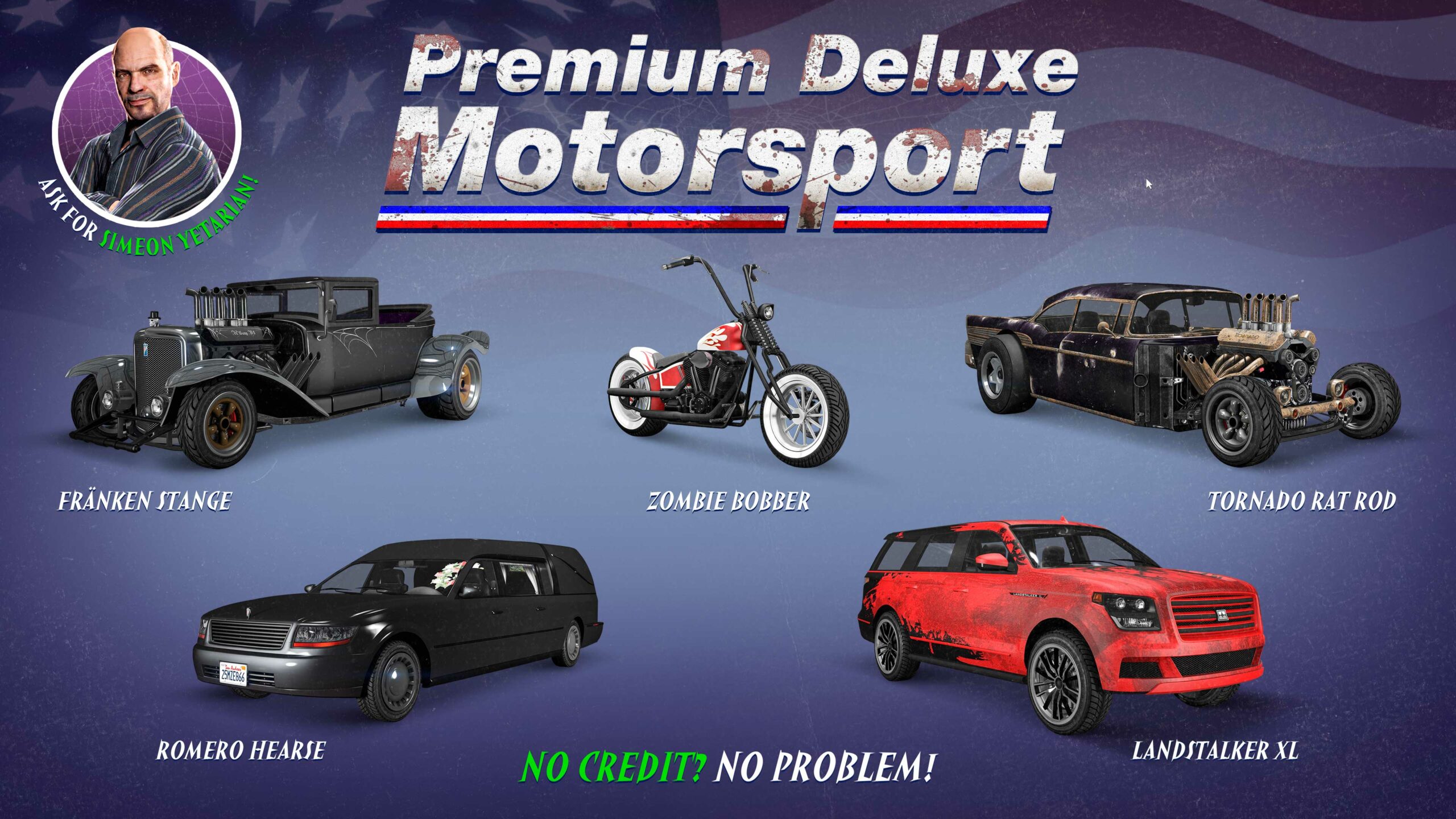 Pôster da Premium Deluxe Motorsport com os veículos Albany Fränken Stange, Western Zombie Bobber, Declasse Tornado Rat Rod, Chariot Romero Hearse e Dundreary Landstalker XL