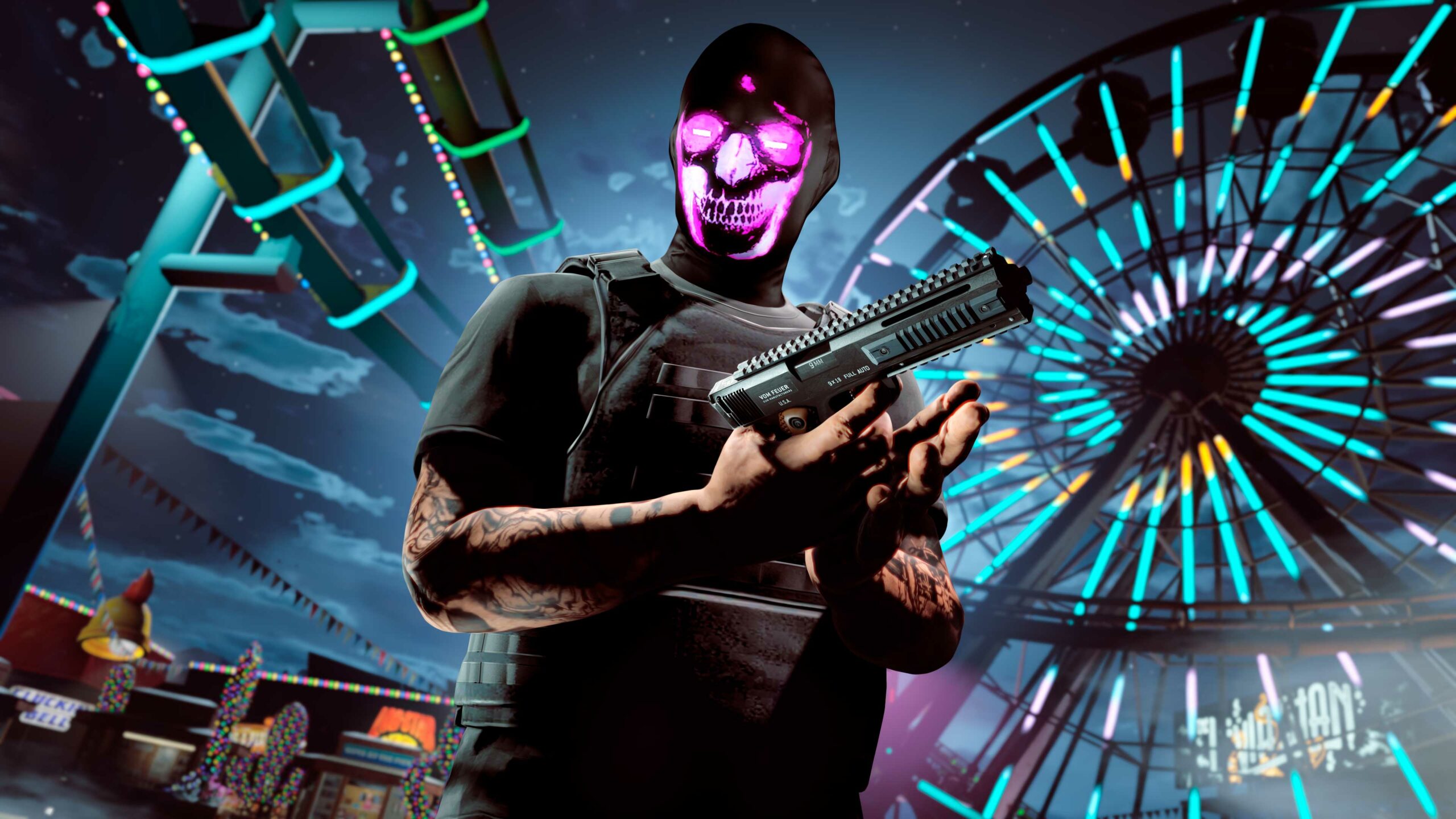 Imagem de um personagem no GTA Online usando a máscara Emissiva raio-X roxo